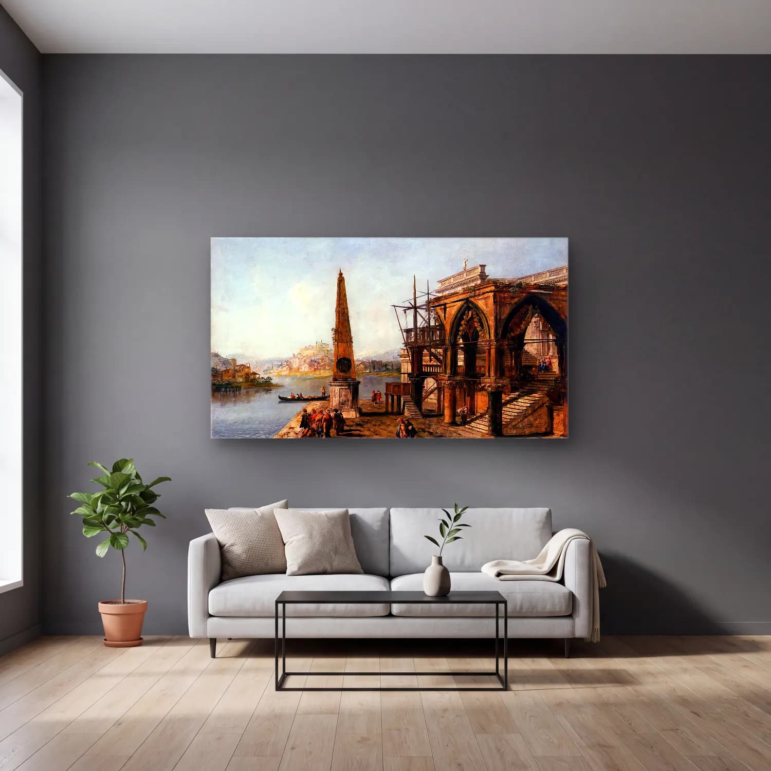 Michele Marieschi – Capriccio with Gothic Building and Obelisk cam tablo — gri duvarlı salonda