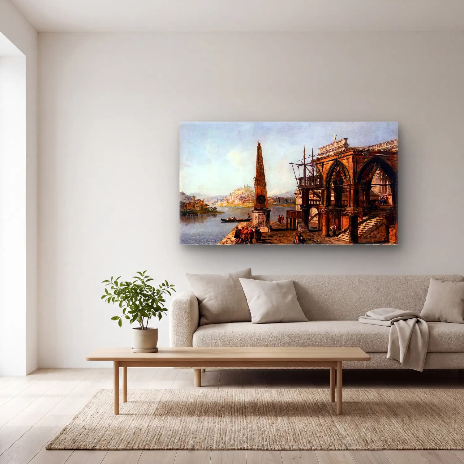 Michele Marieschi – Capriccio with Gothic Building and Obelisk cam tablo — açık renk salonda