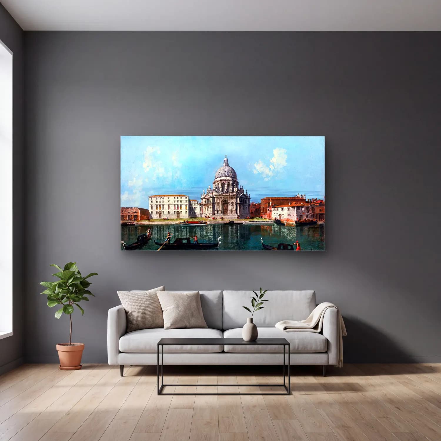 Michele Marieschi – Santa Maria della Salute, Venice cam tablo — gri duvarlı salonda