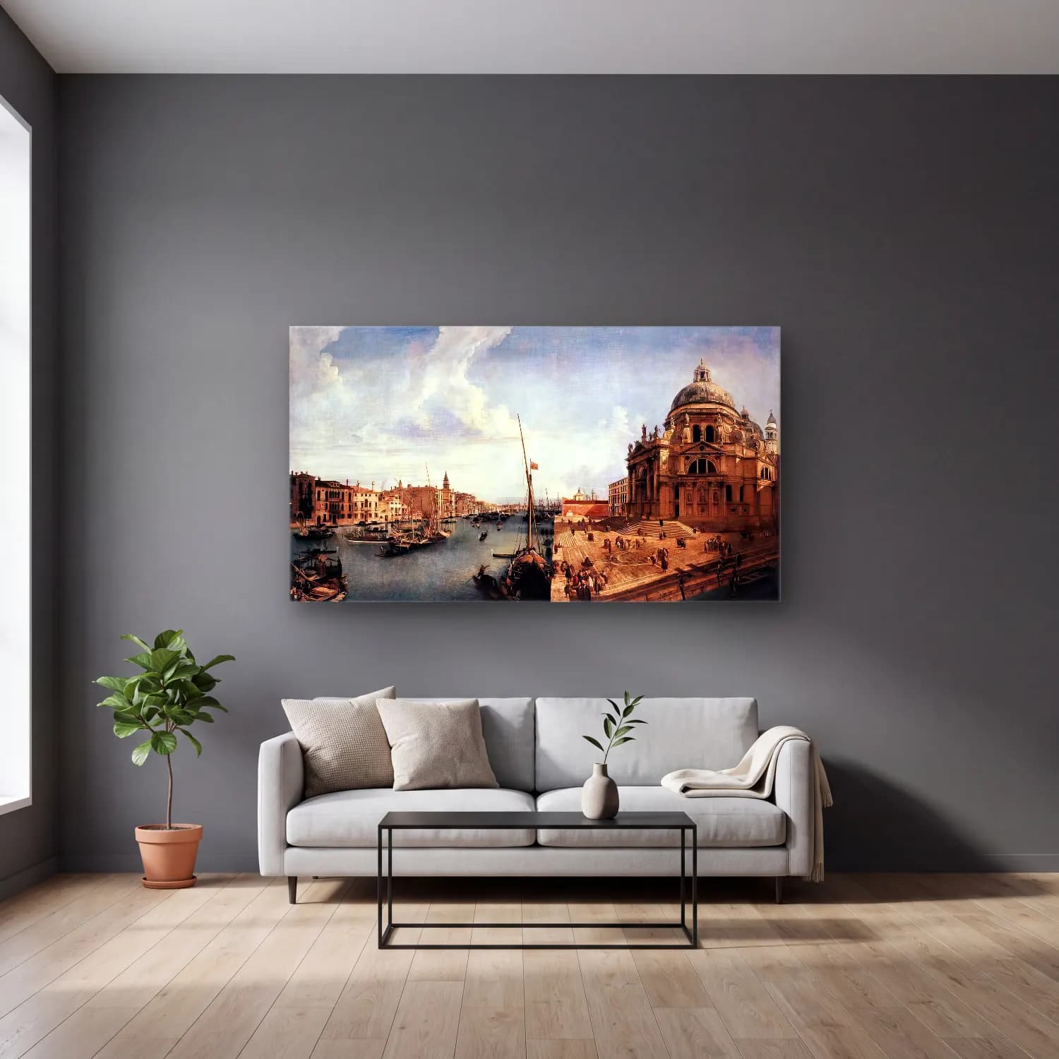 Michele Marieschi – The Grand Canal near the Salute cam tablo — gri duvarlı salonda
