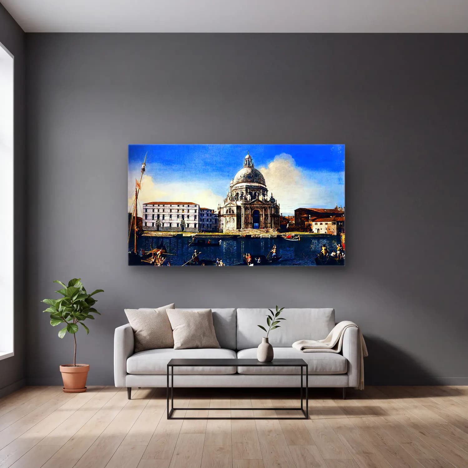 Michele Marieschi – The Grand Canal with Santa Maria della Salute cam tablo — gri duvarlı salonda