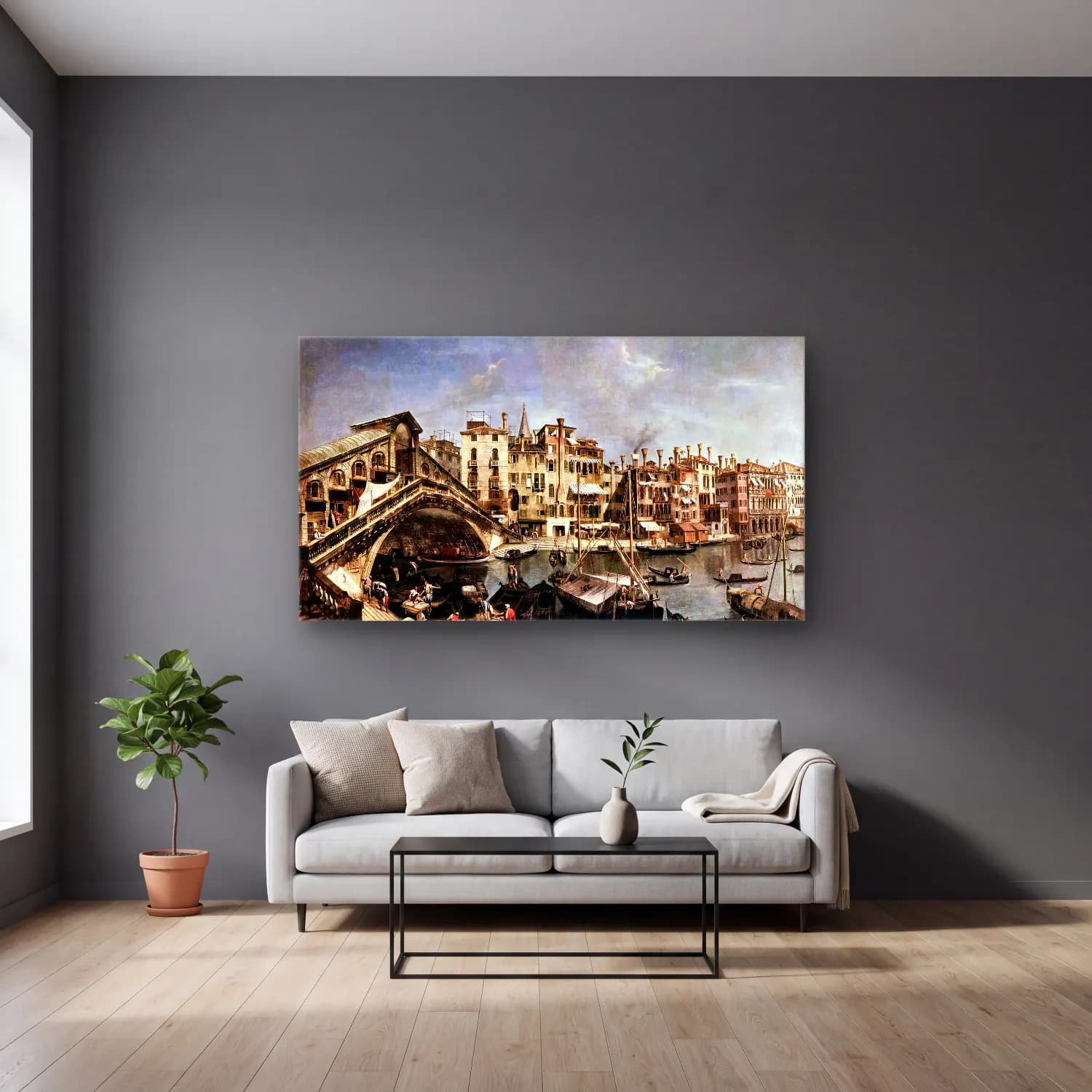 Michele Marieschi – The Rialto Bridge from the Riva del Vin cam tablo — gri duvarlı salonda