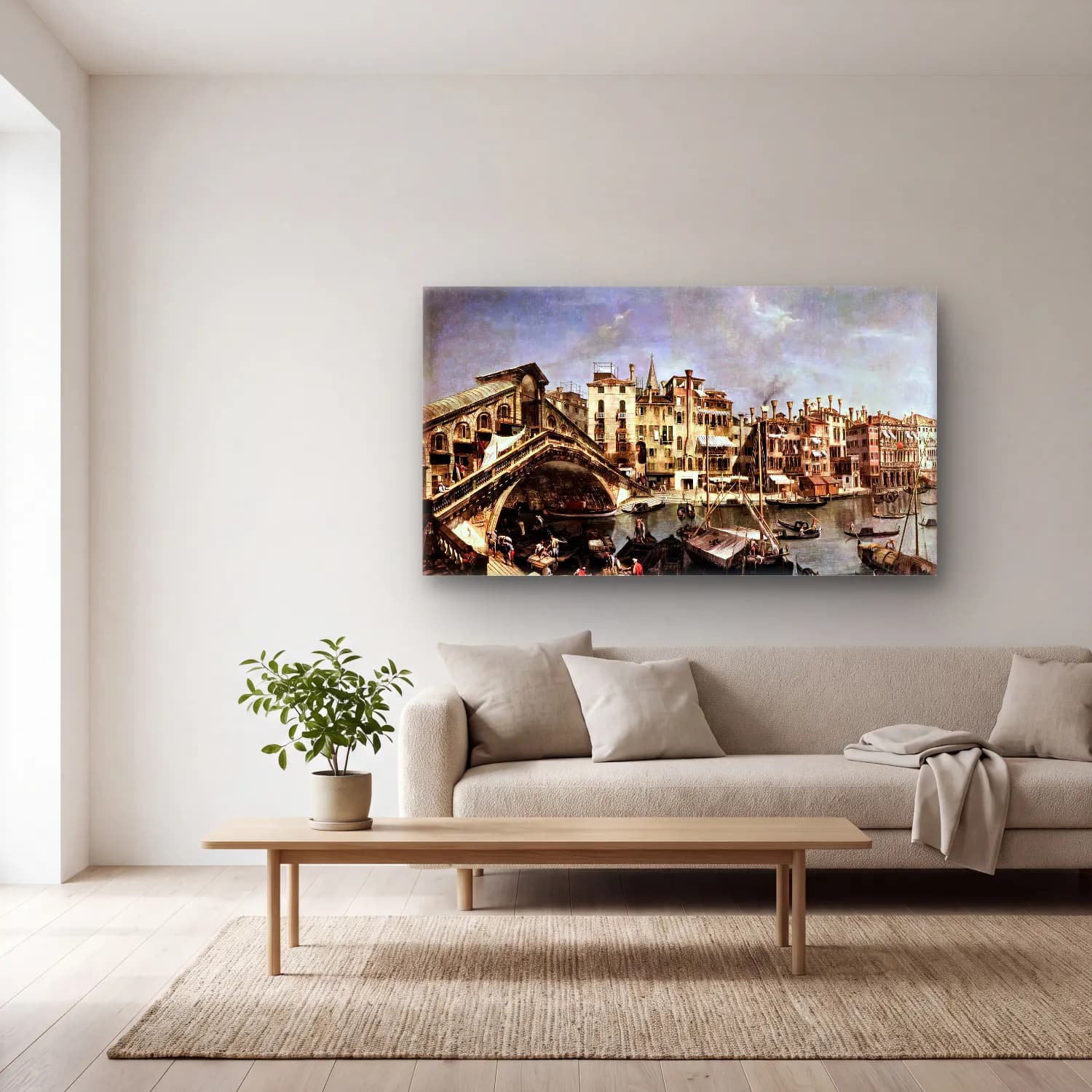 Michele Marieschi – The Rialto Bridge from the Riva del Vin cam tablo — açık renk salonda