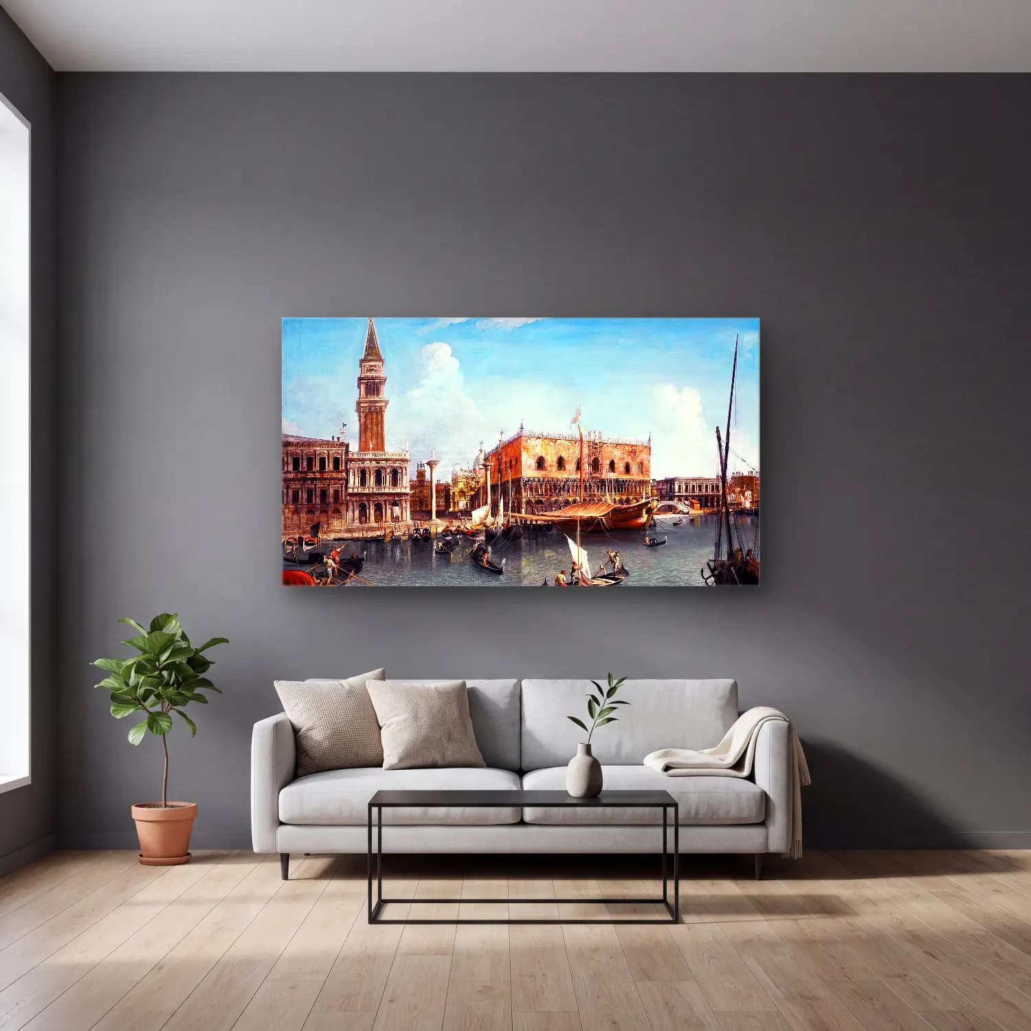Michele Marieschi – Venice, a View of the Molo from the Bacino cam tablo — gri duvarlı salonda