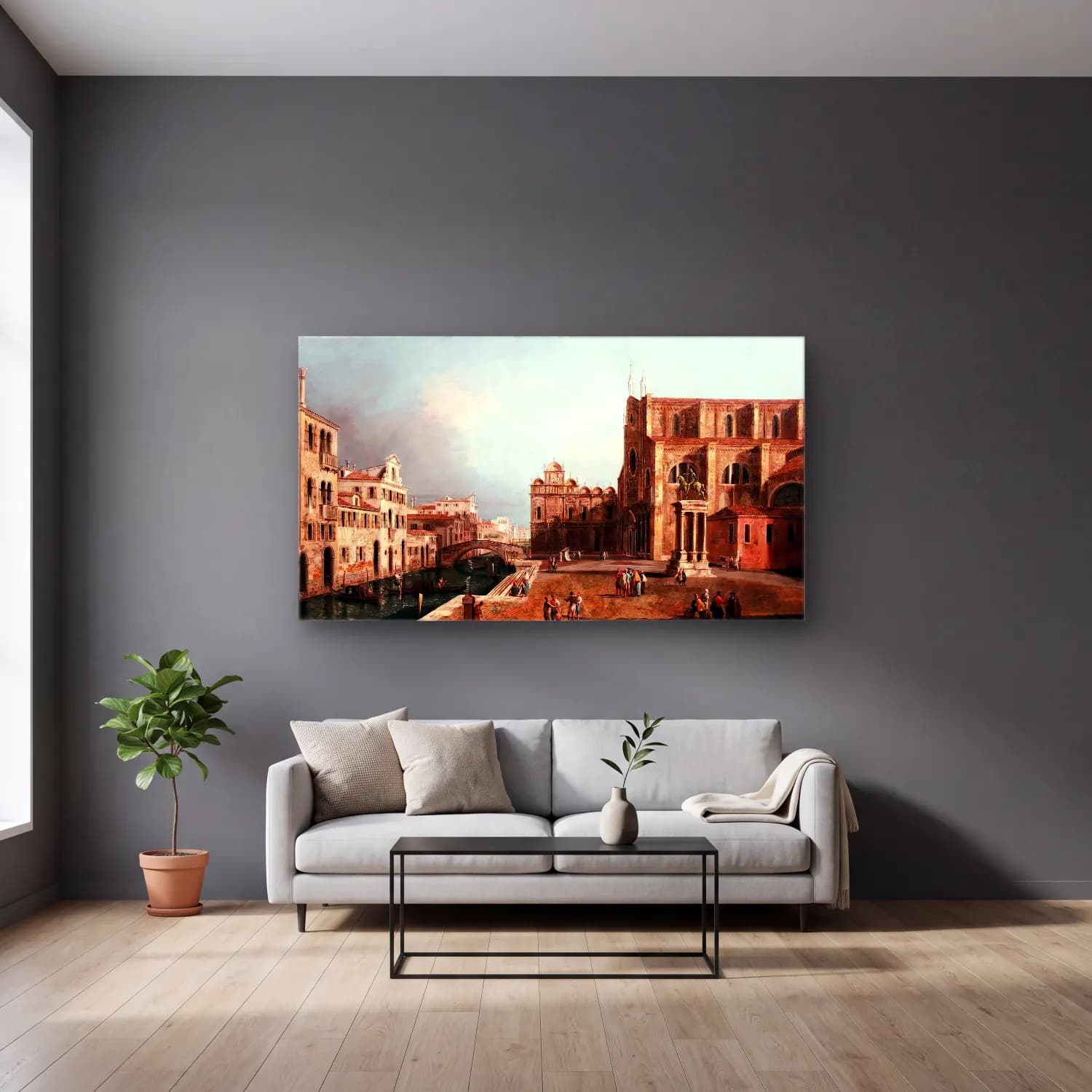 Michele Marieschi – View of Campo Ss. Giovanni e Paolo, Venice cam tablo — gri duvarlı salonda