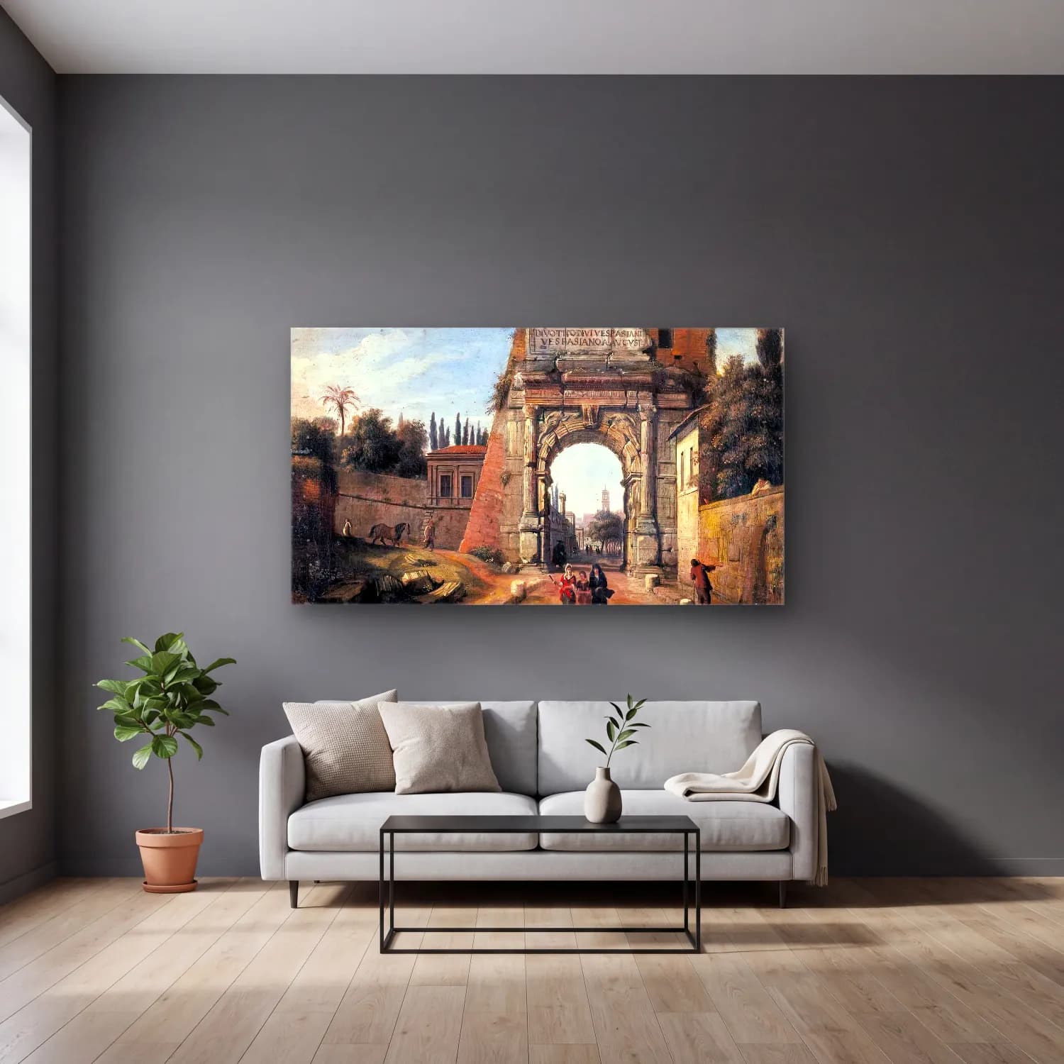 Caspar Andriaans van Wittel – Rome View of the Arch of Titus cam tablo — gri duvarlı salonda
