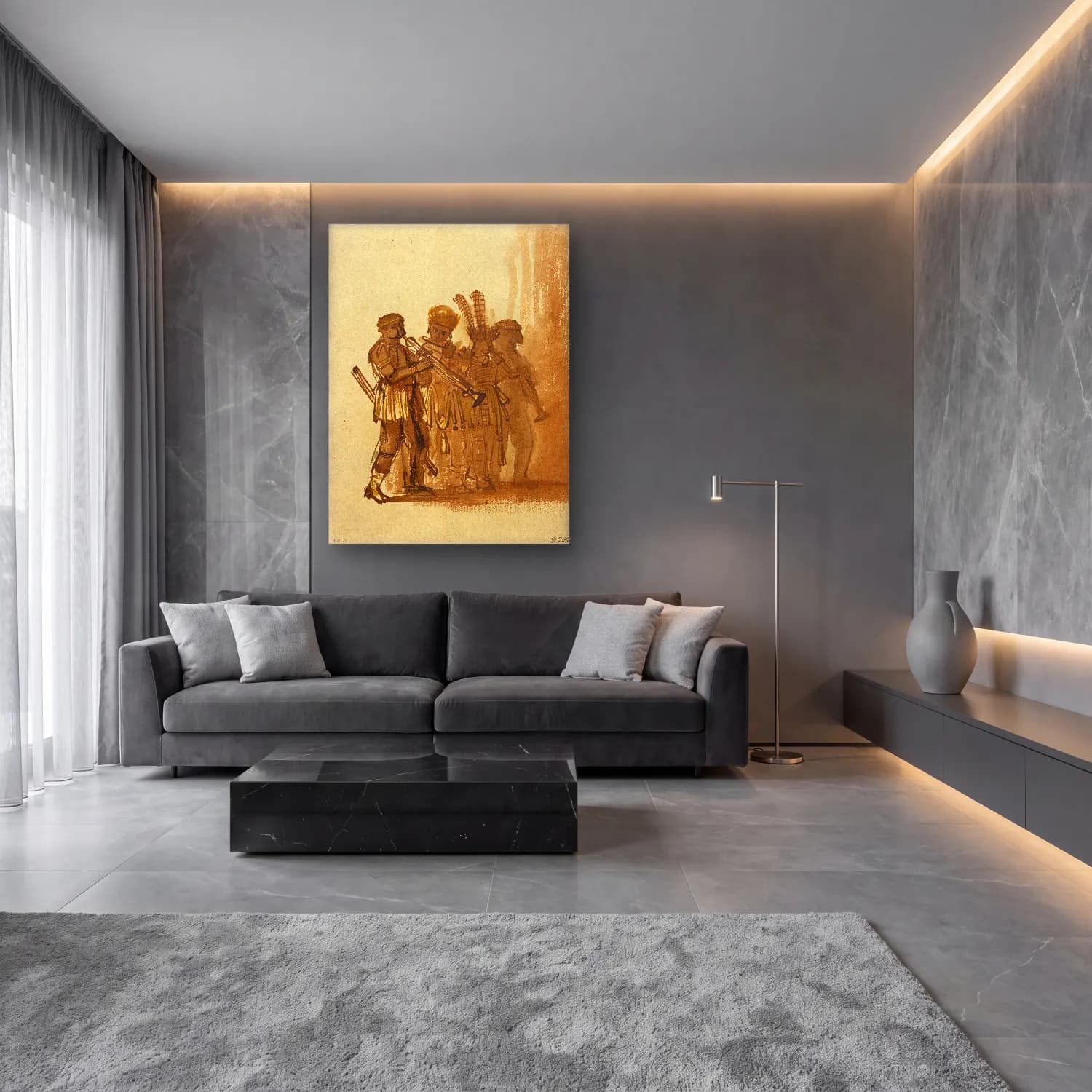 Vintage Savaş Sahnesi No. 7 cam tablo — lüks salon duvarında