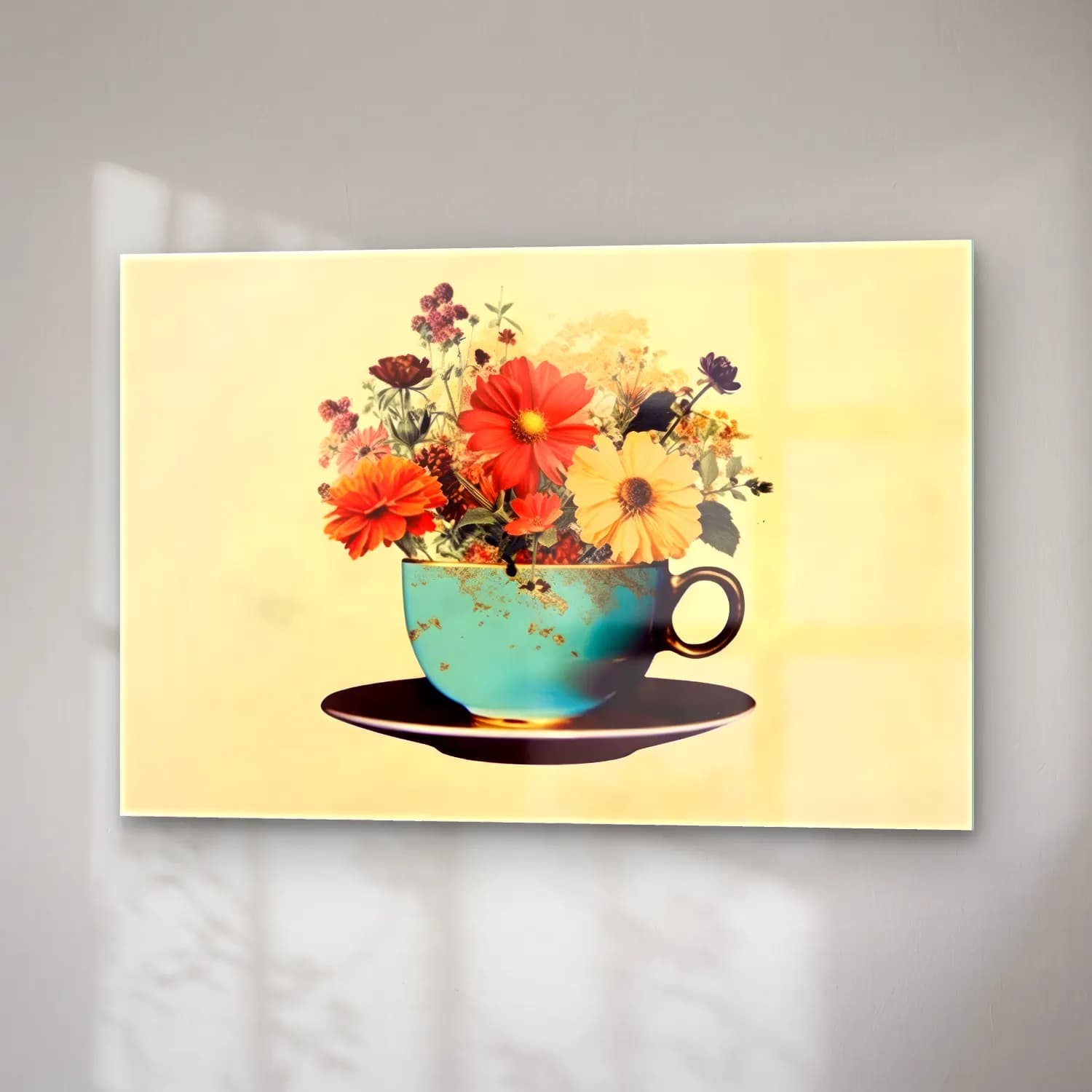 Vintage Çay Fincanı – Turkuaz Tonlar cam tablo — sağ açıdan görünüm