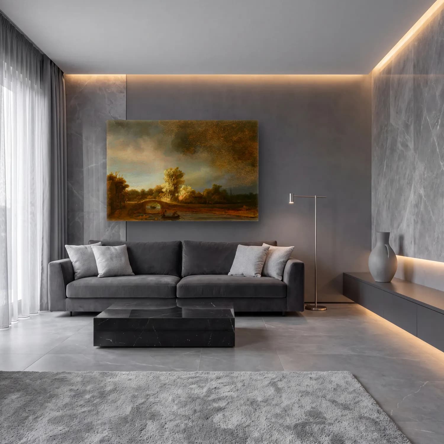 Yağlı Boya Kırda Nehir No. 64 cam tablo — lüks salon duvarında