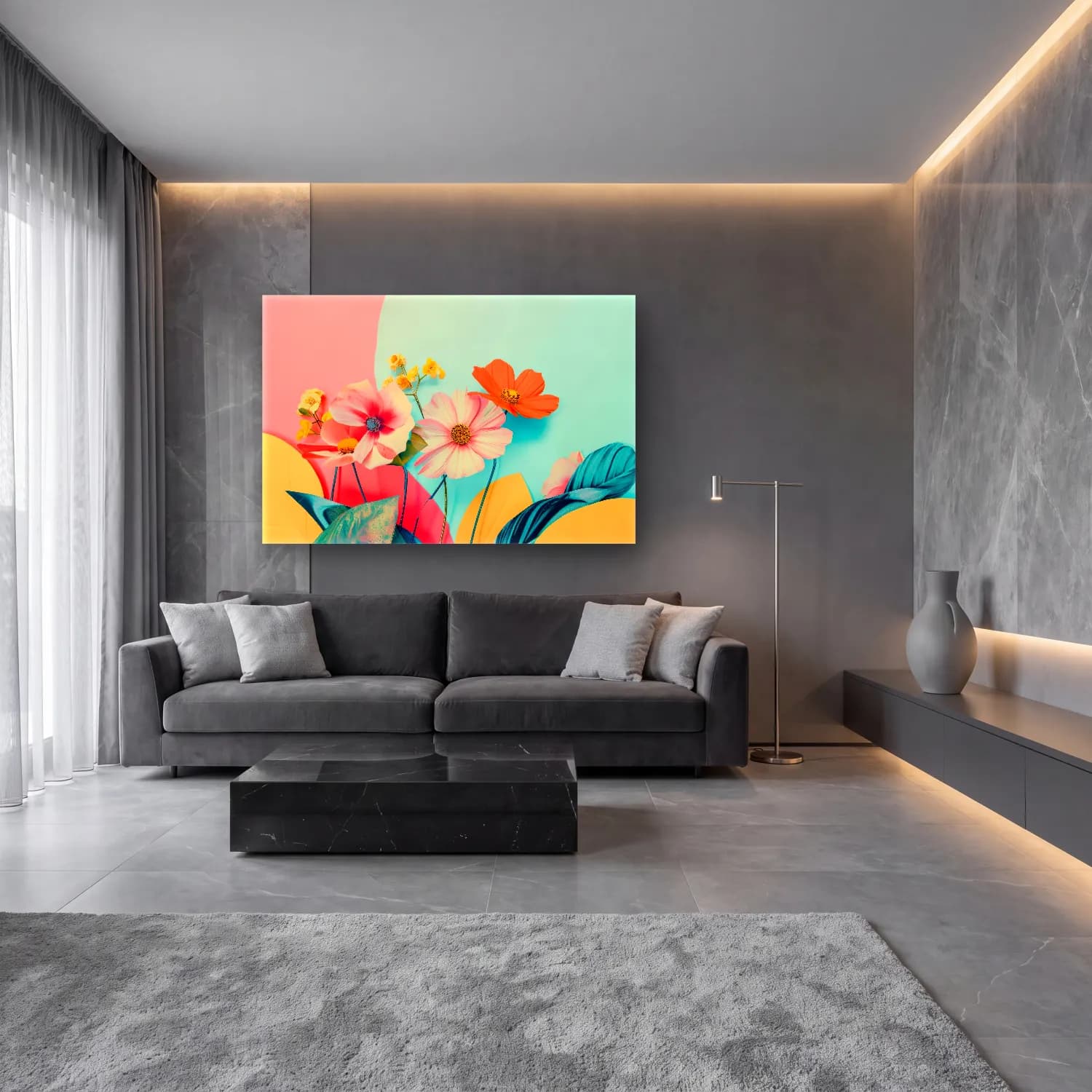 Pastel Çiçek Deseni No. 43 cam tablo — lüks salon duvarında