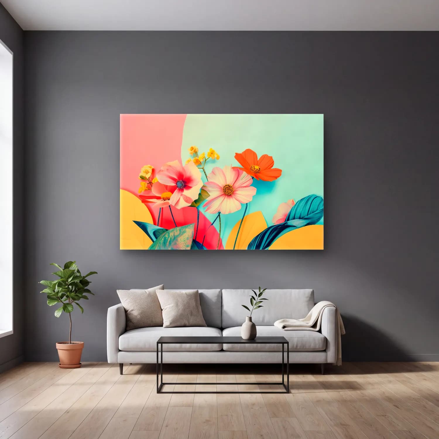 Pastel Çiçek Deseni No. 43 cam tablo — gri duvarlı salonda