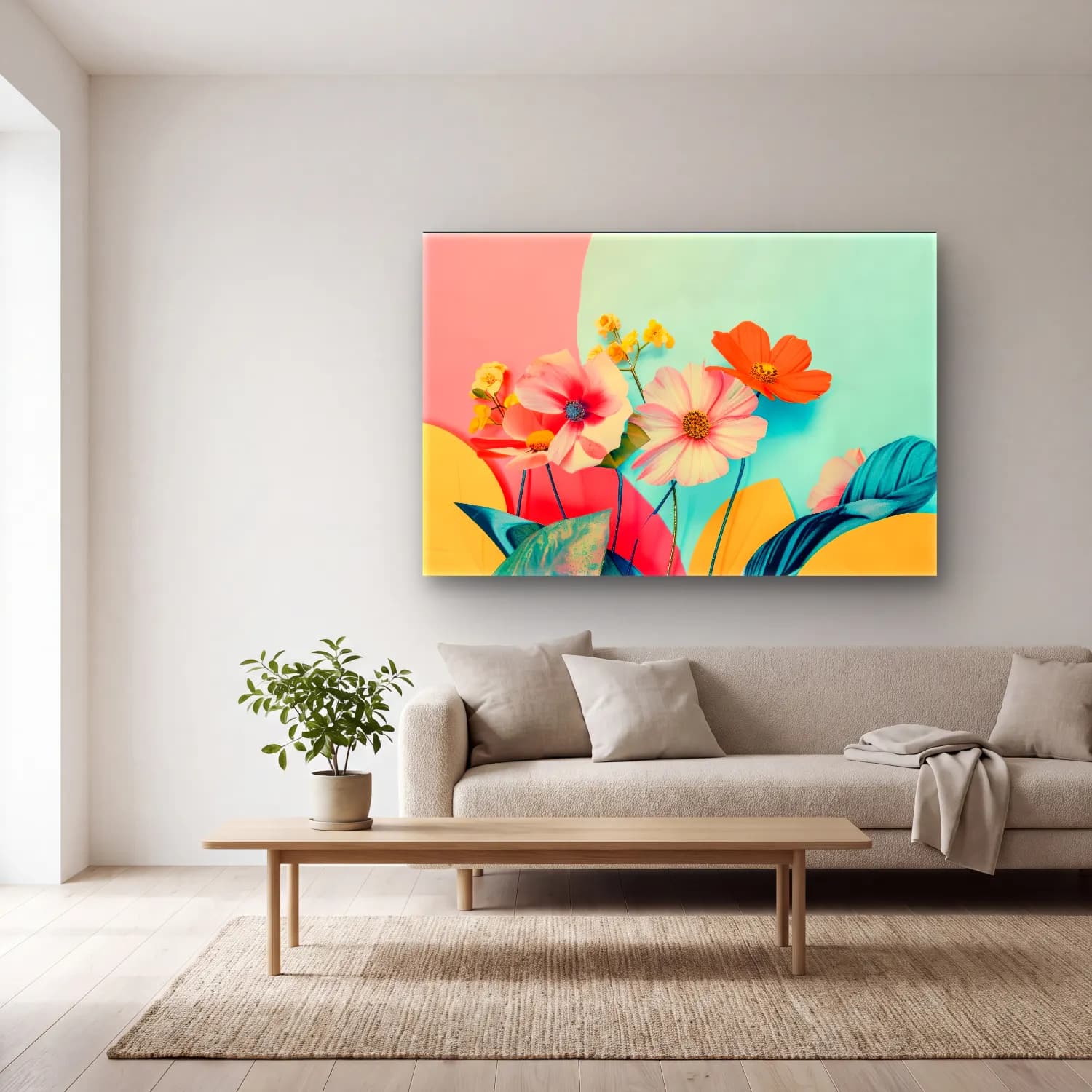 Pastel Çiçek Deseni No. 43 cam tablo — açık renk salonda