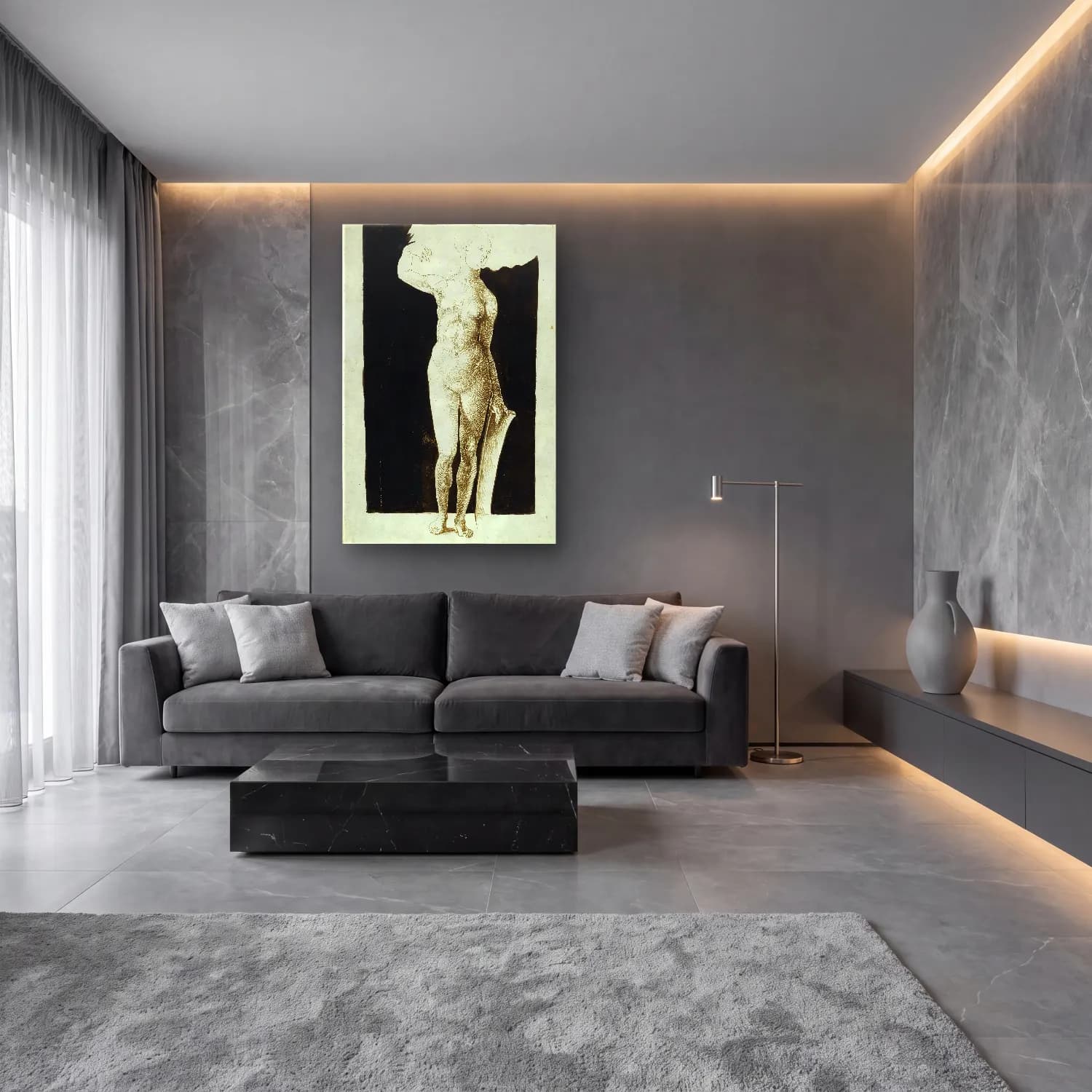 Siyah Beyaz Figür Çalışması No. 7 cam tablo — lüks salon duvarında