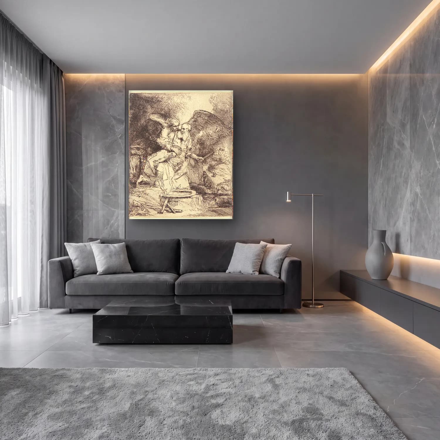 Siyah Beyaz Mitolojik Sahne No. 7 cam tablo — lüks salon duvarında