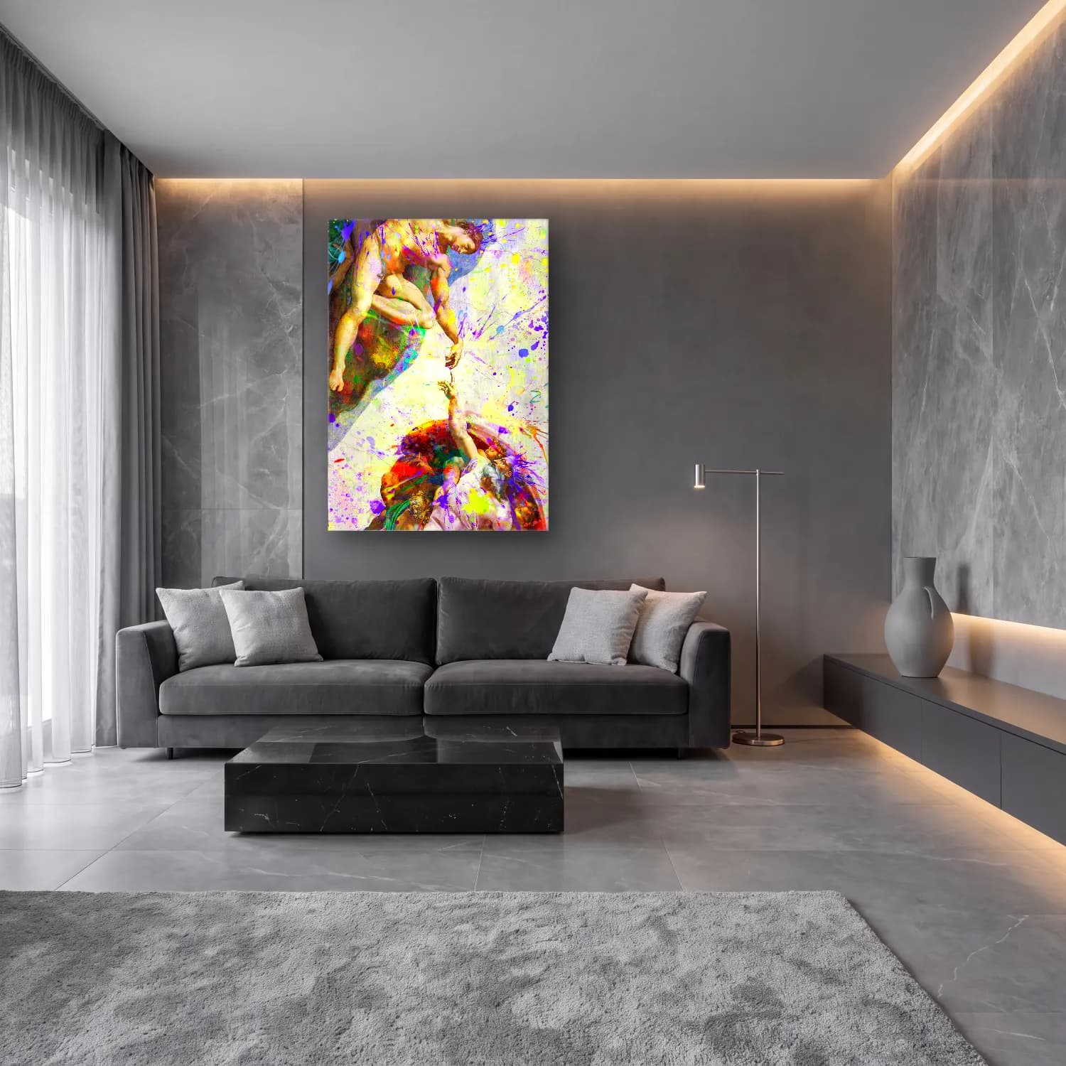 Modern Soyut Mitolojik Sahne – Pastel Tonlar cam tablo — lüks salon duvarında