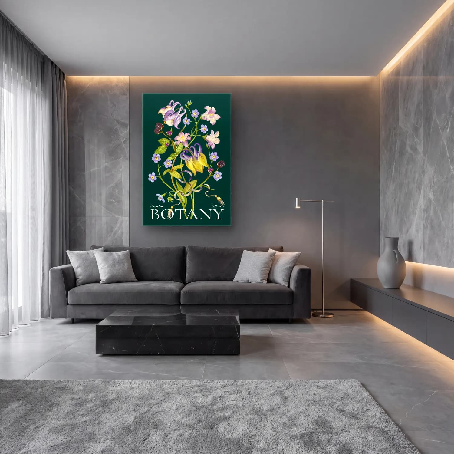 Botanik İllüstrasyon Çiçek Deseni No. 47 cam tablo — lüks salon duvarında