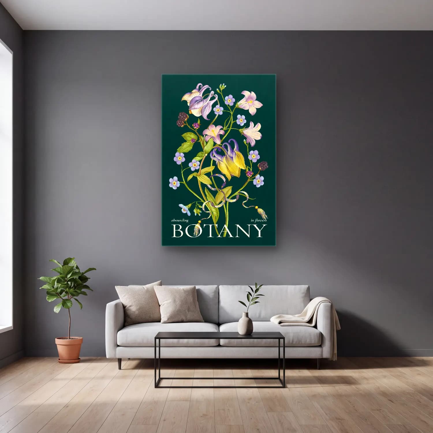 Botanik İllüstrasyon Çiçek Deseni No. 47 cam tablo — gri duvarlı salonda