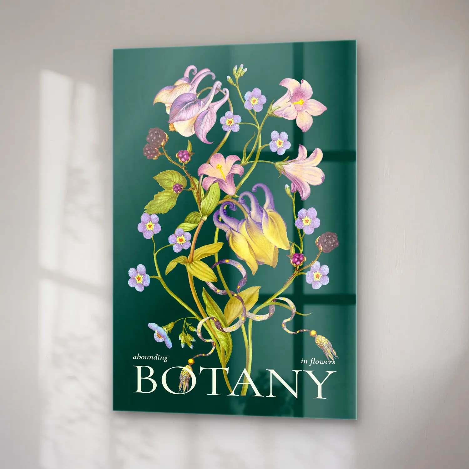 Botanik İllüstrasyon Çiçek Deseni No. 47 cam tablo — sağ açıdan görünüm