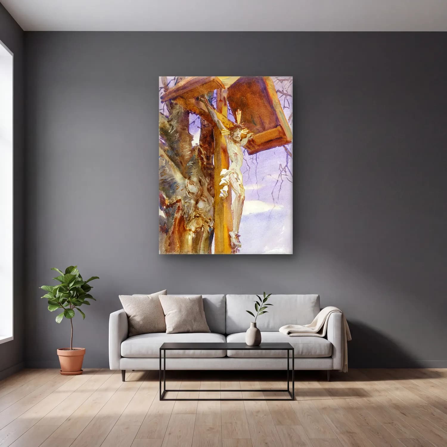 John Singer Sargent – Tyrolese Crucifix cam tablo — gri duvarlı salonda