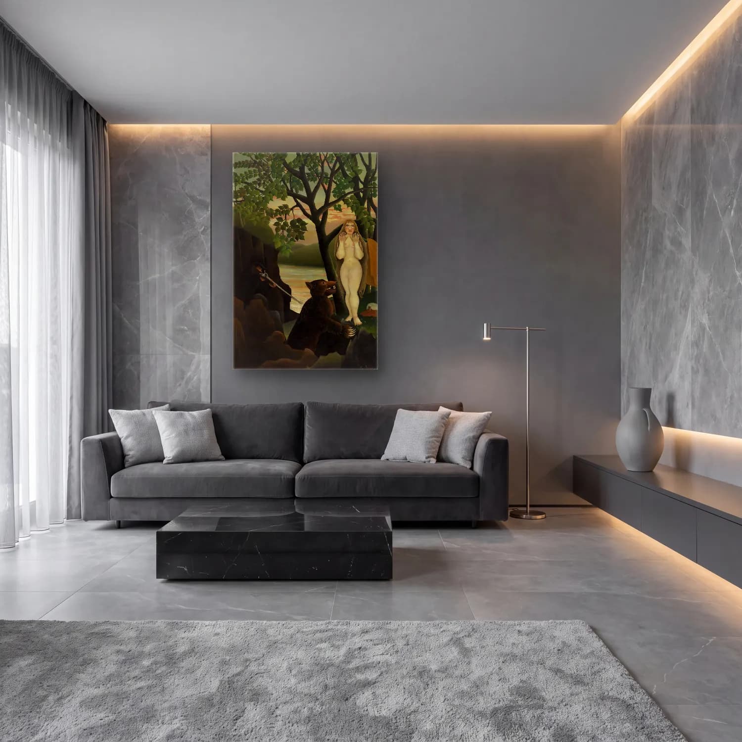 Henri Rousseau – Unpleasant Surprise (Mauvaise surprise) cam tablo — lüks salon duvarında