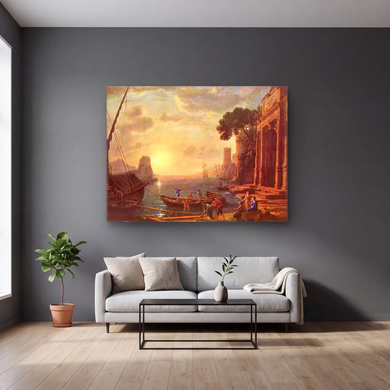 Claude Lorrain – Hafen beim Sonnenuntergang cam tablo — gri duvarlı salonda