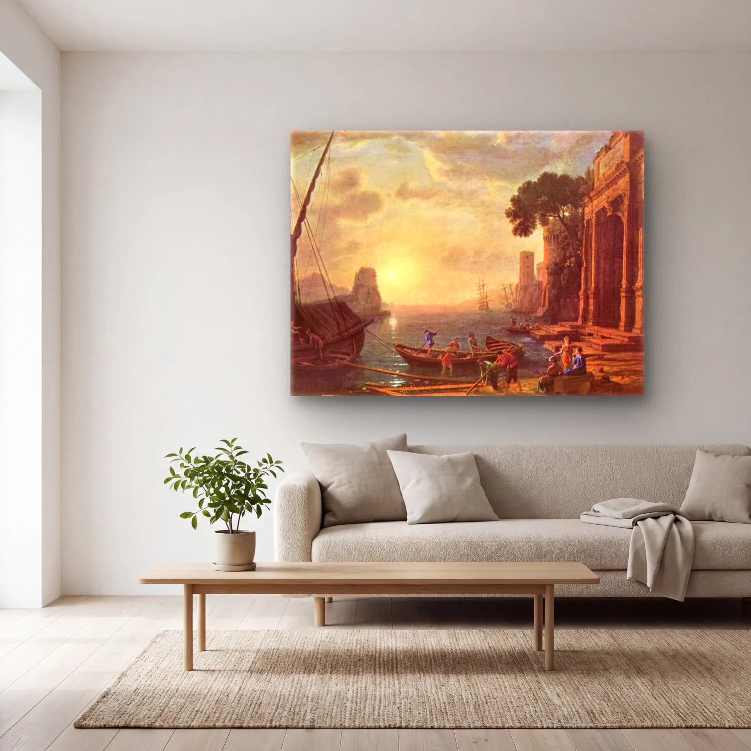 Claude Lorrain – Hafen beim Sonnenuntergang cam tablo — açık renk salonda