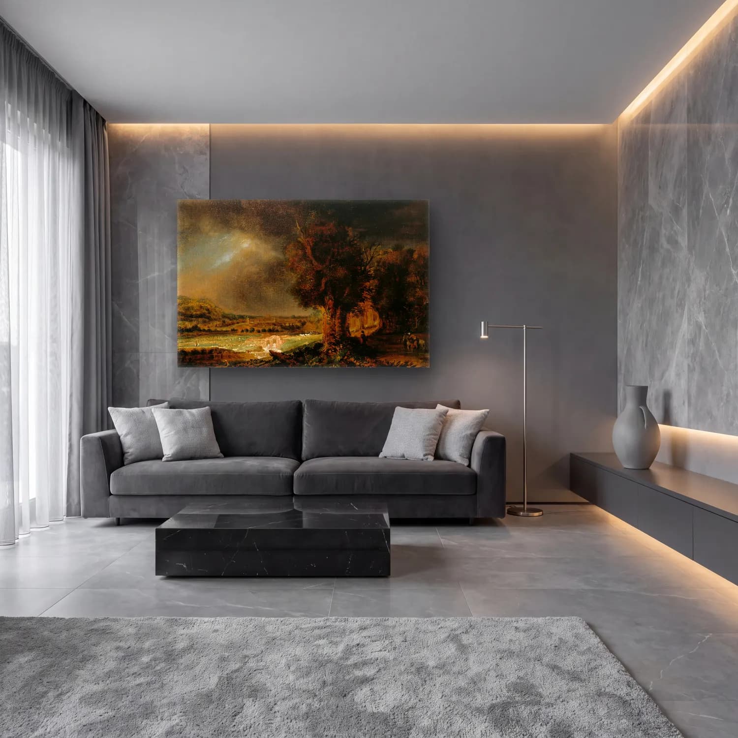 Rembrandts Skole – Landscape with the Good Samaritan cam tablo — lüks salon duvarında