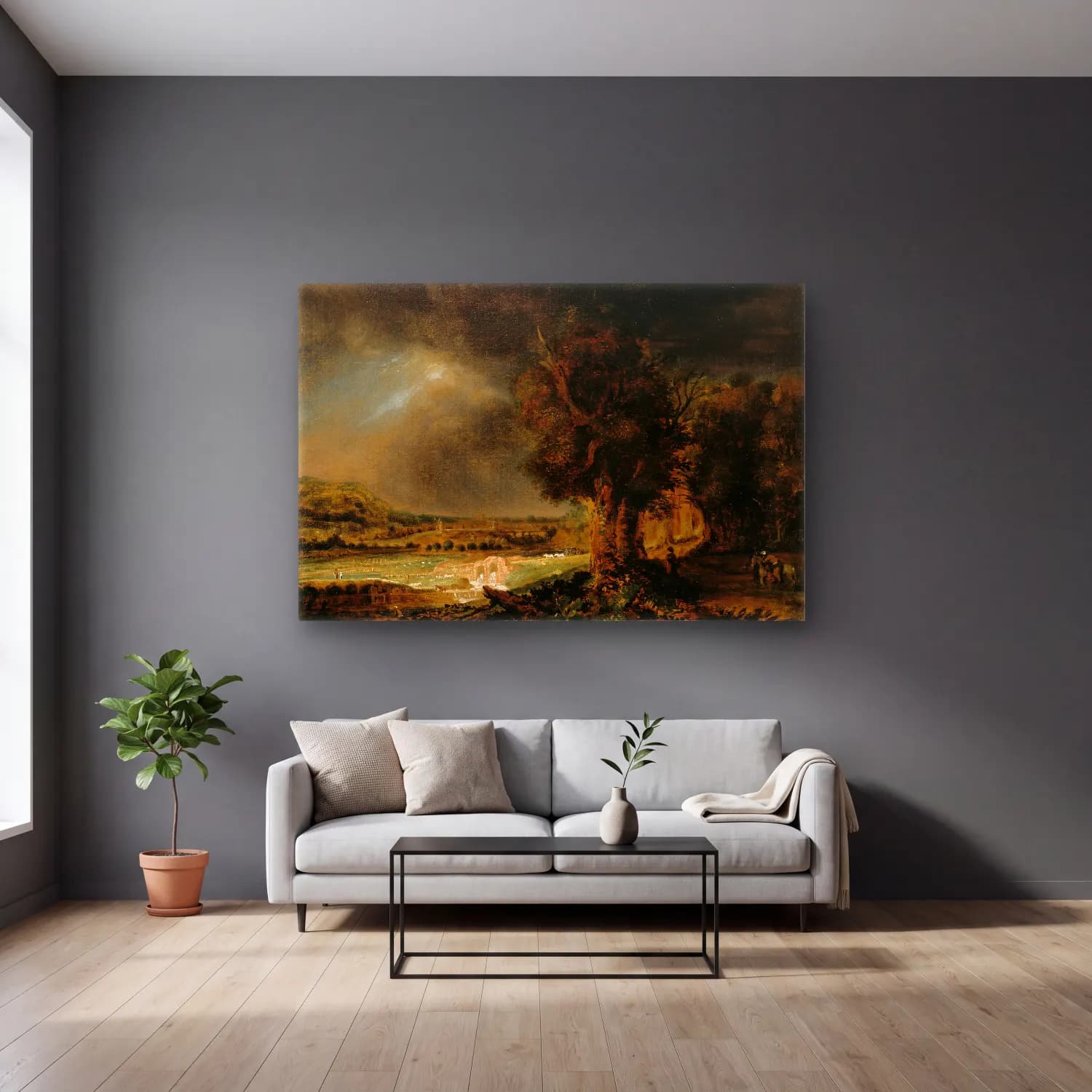 Rembrandts Skole – Landscape with the Good Samaritan cam tablo — gri duvarlı salonda