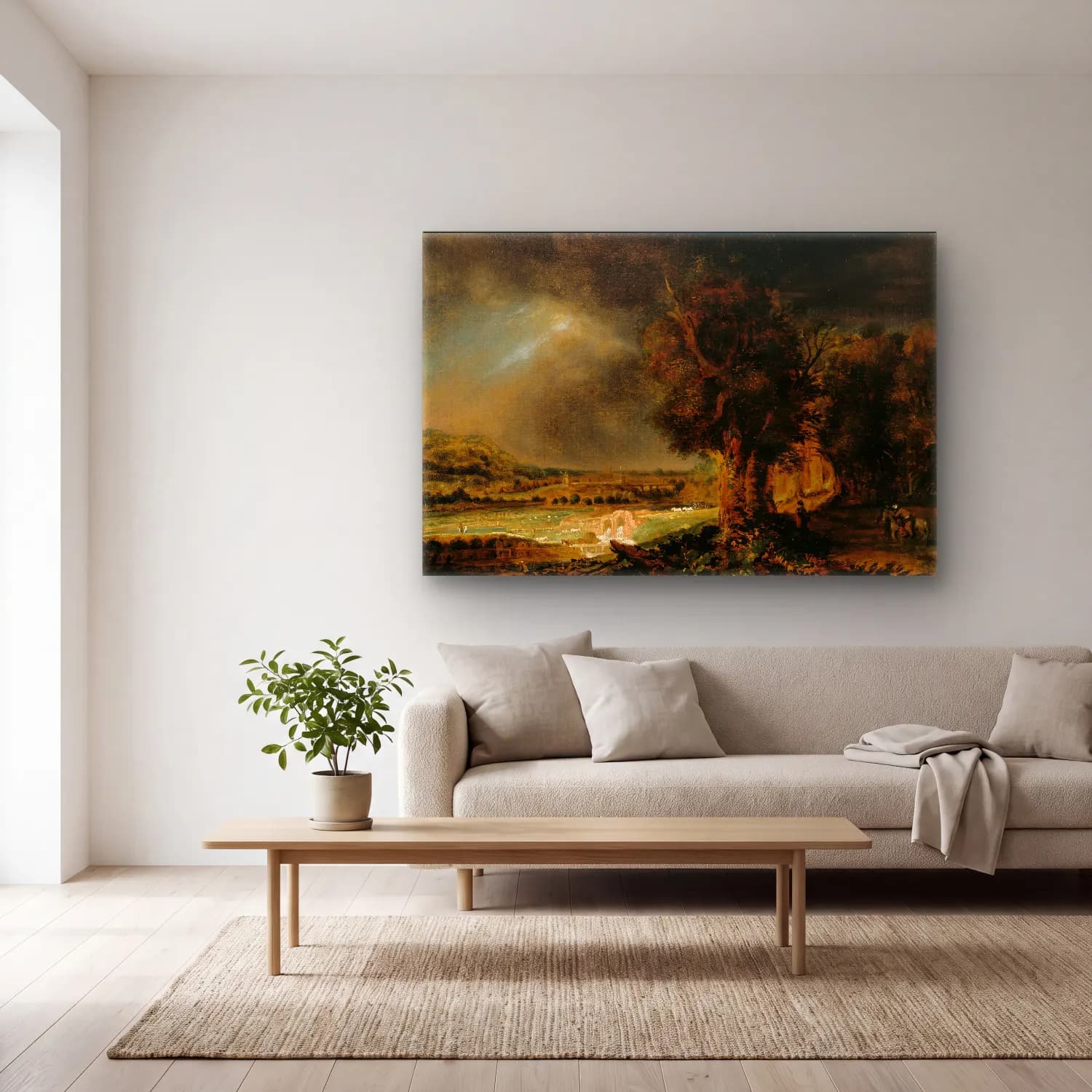 Rembrandts Skole – Landscape with the Good Samaritan cam tablo — açık renk salonda
