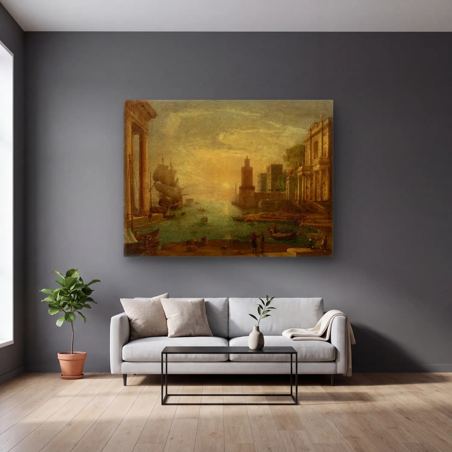 Claude Lorrain – Seaport with Ulysses Restituting Chryseis to Her Father… cam tablo — gri duvarlı salonda