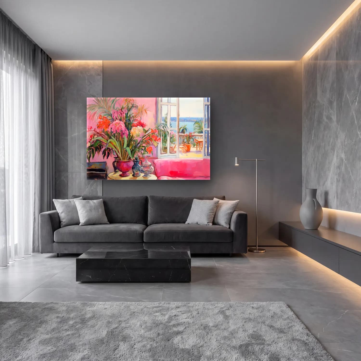 Yağlı Boya Çiçek Bahçesi – Pembe Tonlar cam tablo — lüks salon duvarında