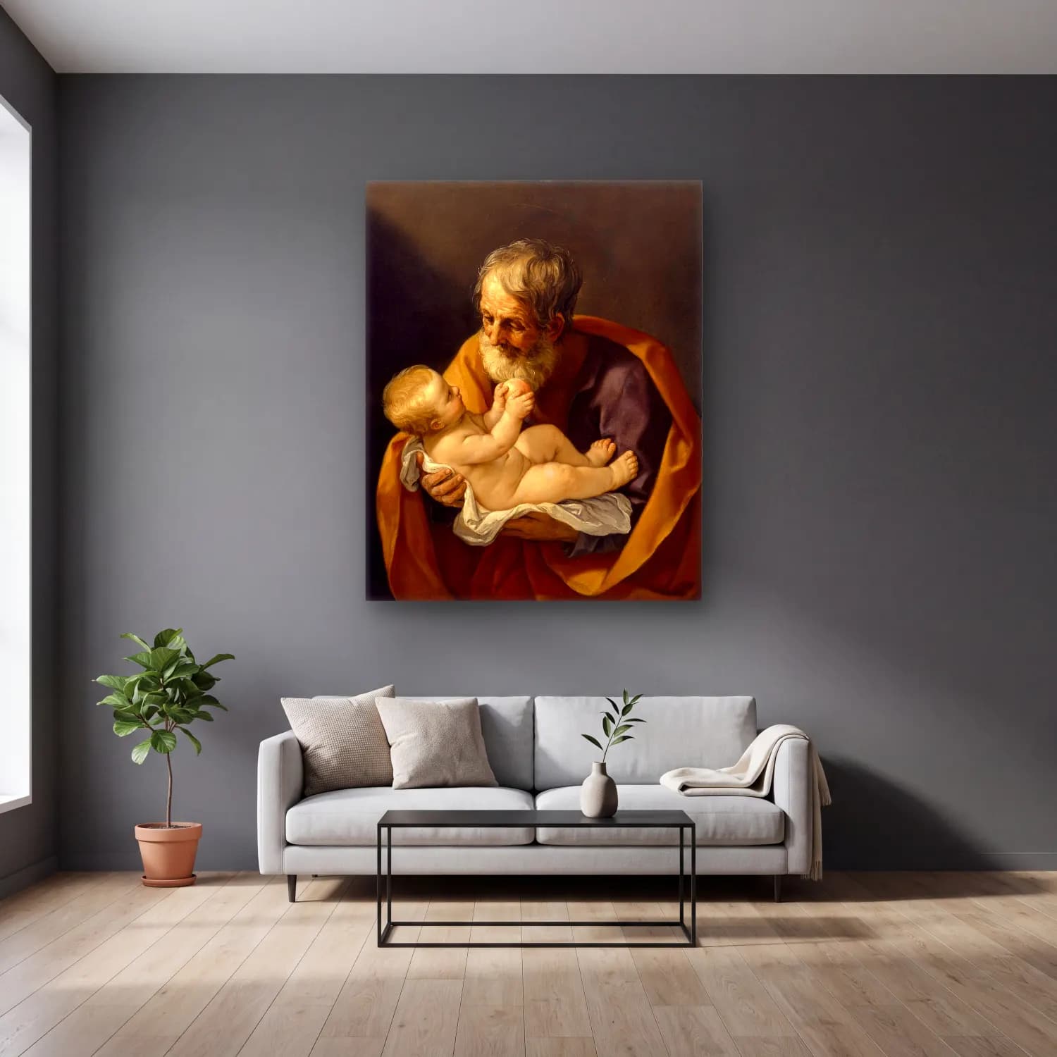 Guido Reni – Saint Joseph and the Christ Child cam tablo — gri duvarlı salonda
