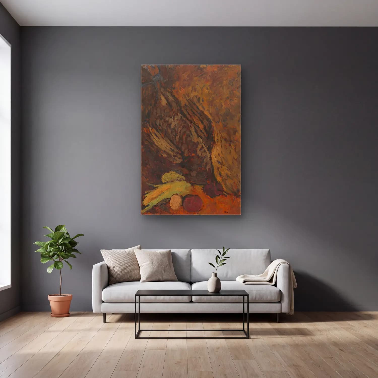 Zolo Palugyay – Still life with a pheasant cam tablo — gri duvarlı salonda