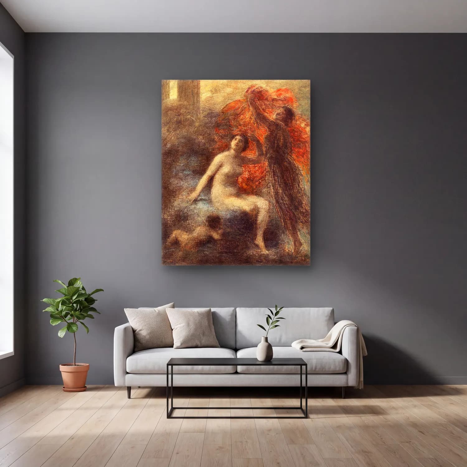 Henri Fantin-Latour – The Palace of Aurora cam tablo — gri duvarlı salonda
