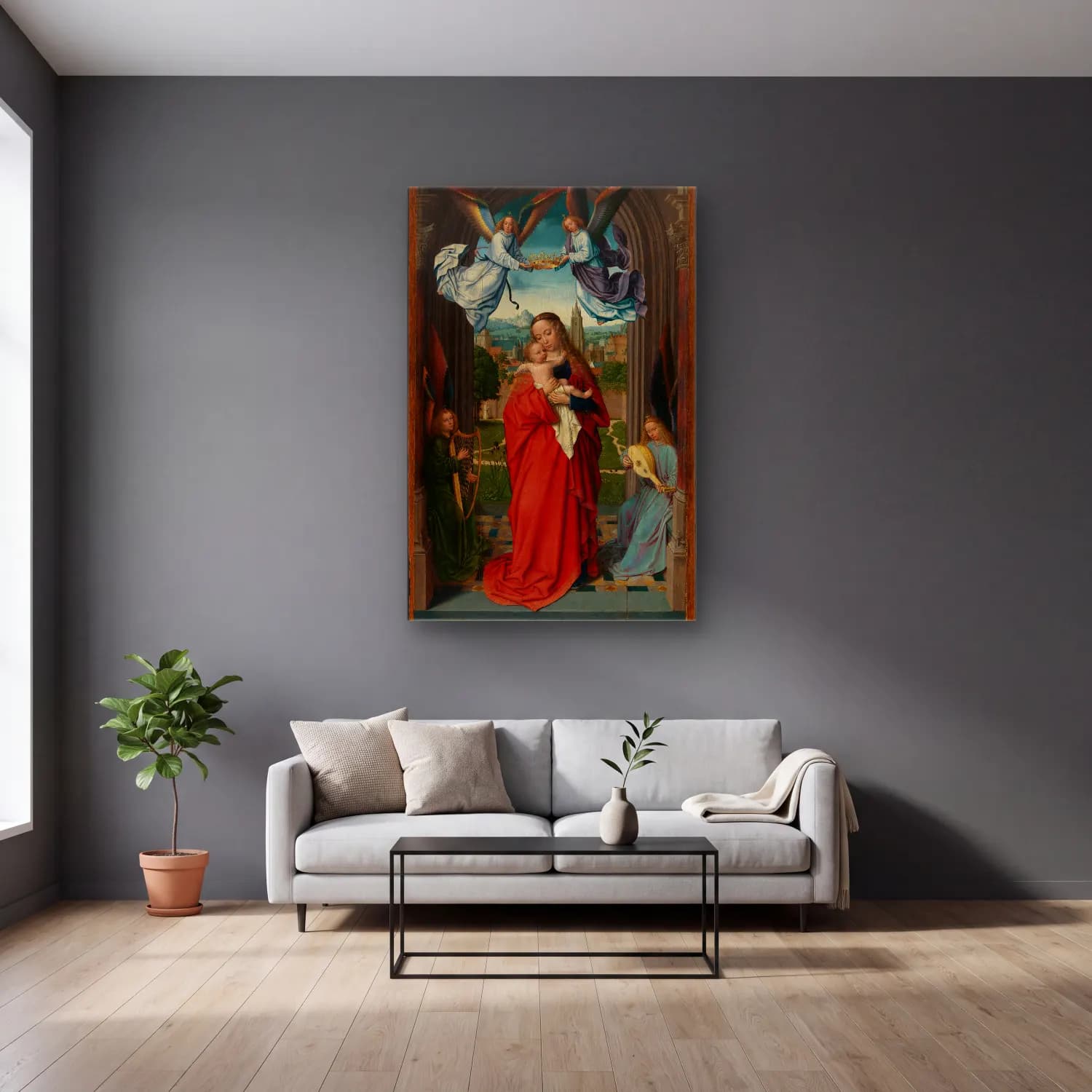 Gerard David – Virgin and Child with Four Angels cam tablo — gri duvarlı salonda