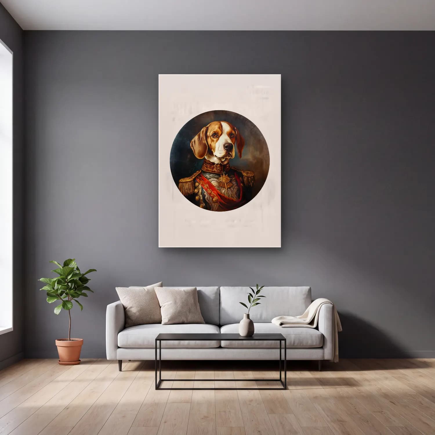 Yağlı Boya Köpek No. 28 cam tablo — gri duvarlı salonda
