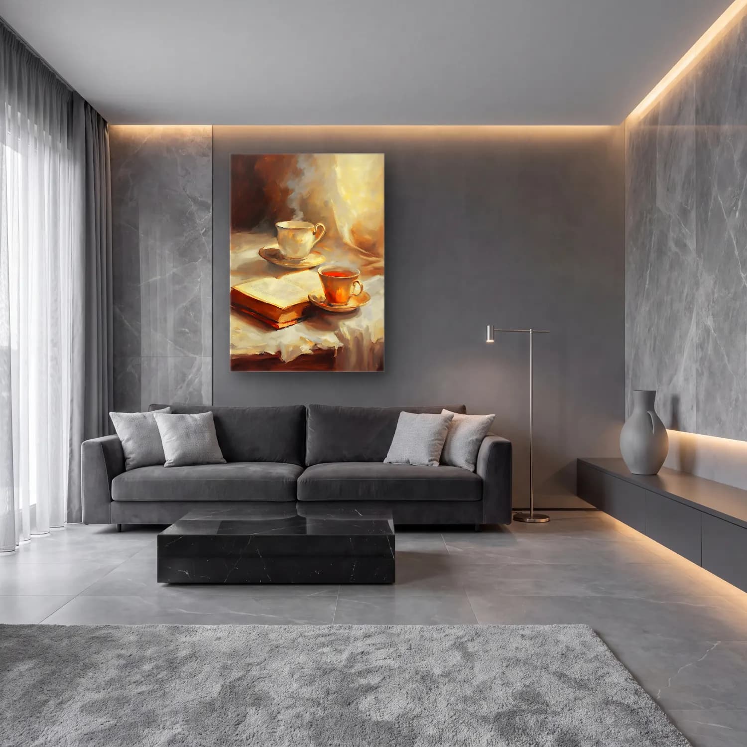 Yağlı Boya Çay Fincanı No. 7 cam tablo — lüks salon duvarında