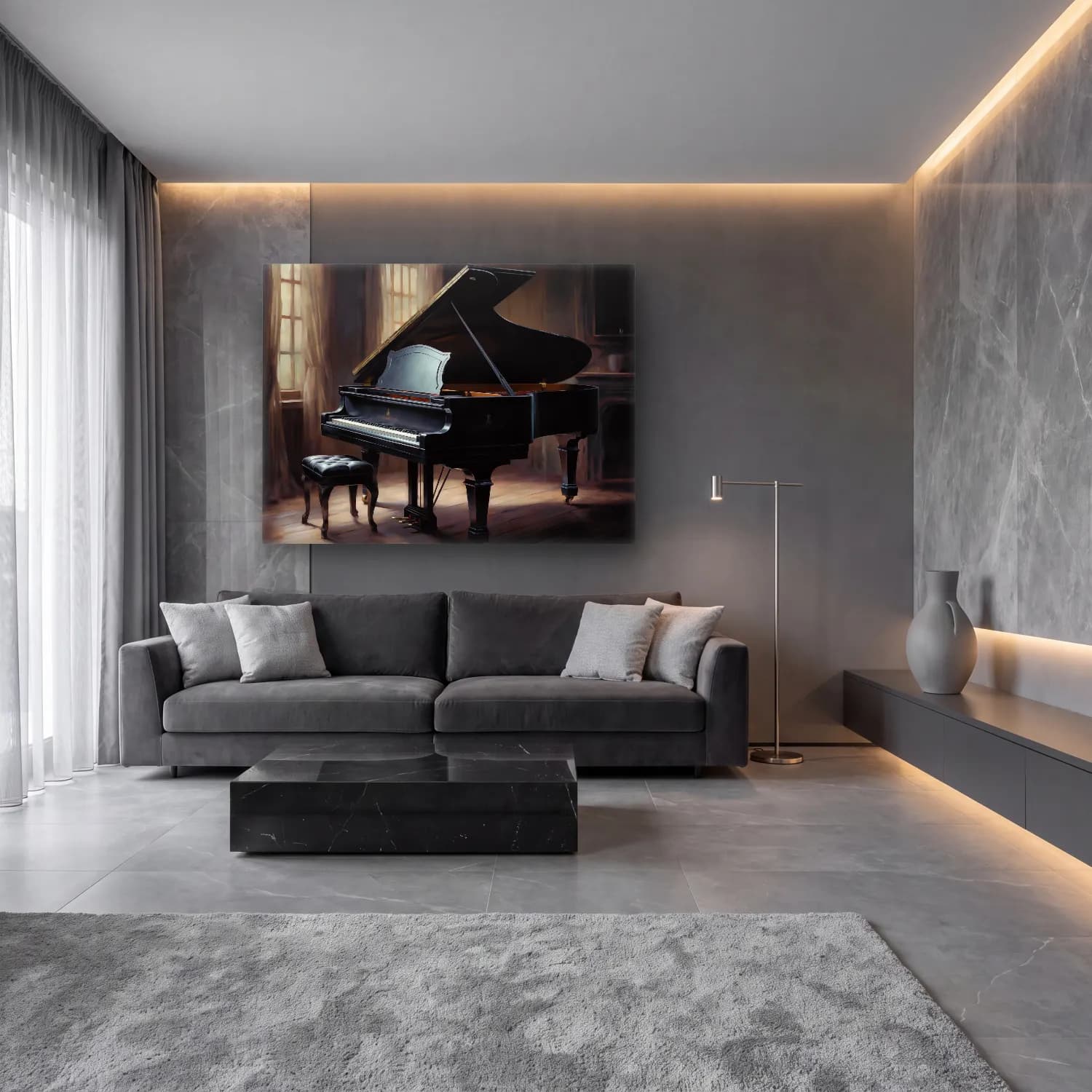 Yağlı Boya Piyano No. 8 cam tablo — lüks salon duvarında
