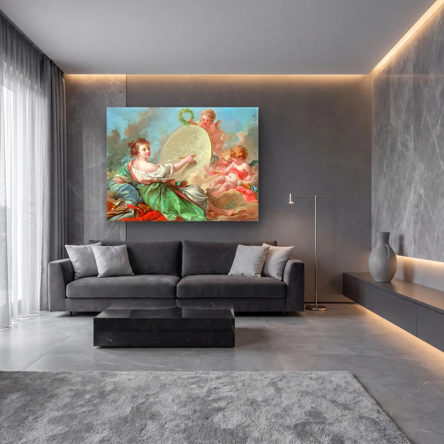 Pastel Mitolojik Sahne No. 8 cam tablo — lüks salon duvarında