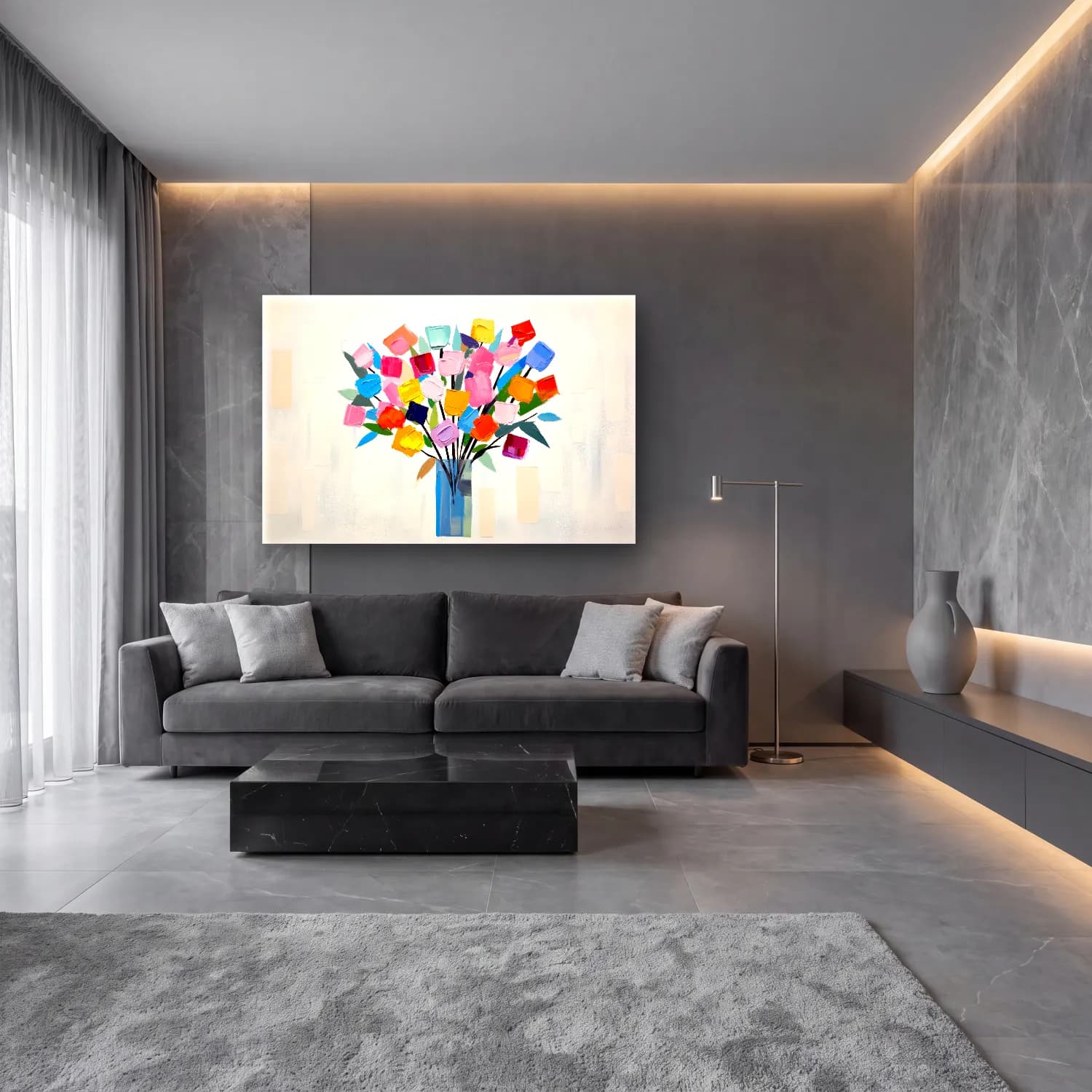 Modern Soyut Vazoda Çiçek Buketi cam tablo — lüks salon duvarında