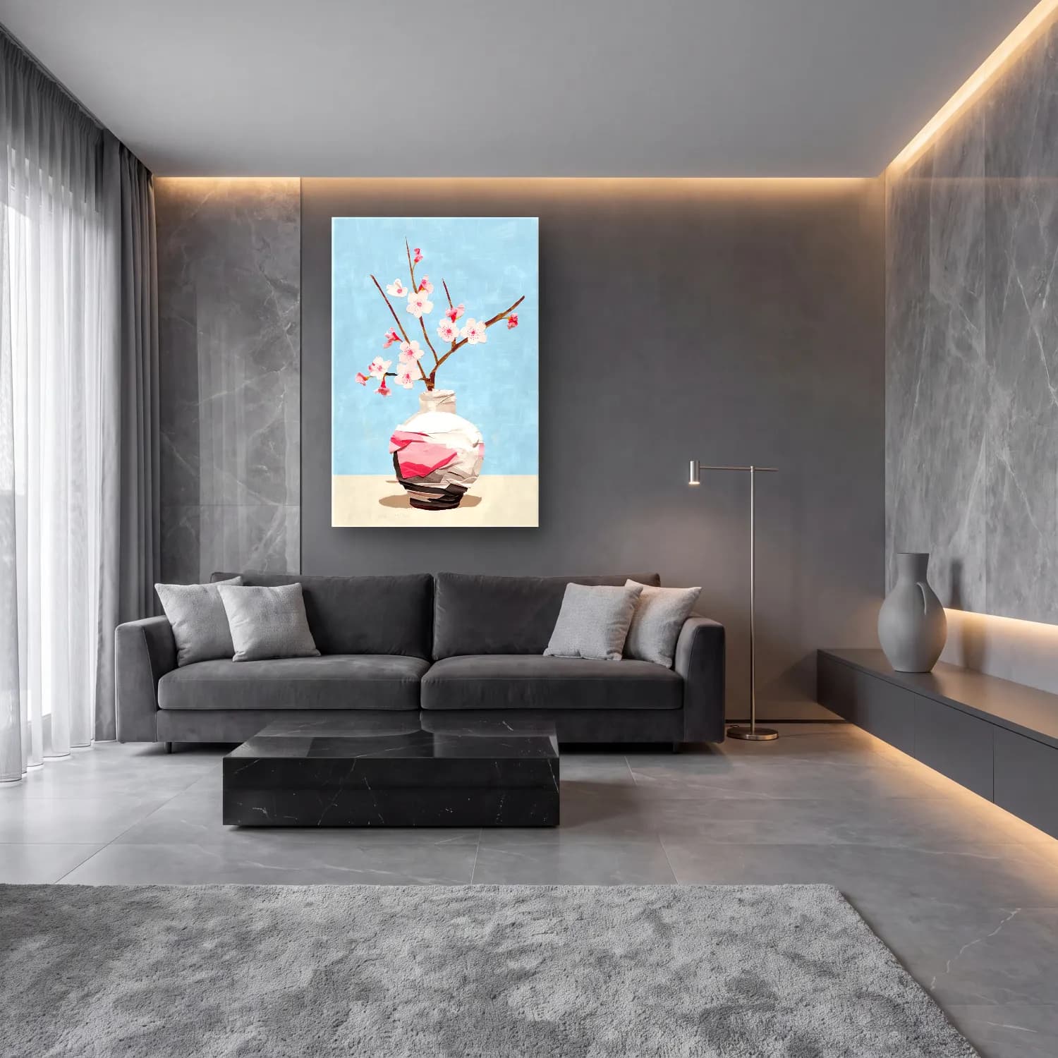 Pastel Vazo No. 8 cam tablo — lüks salon duvarında