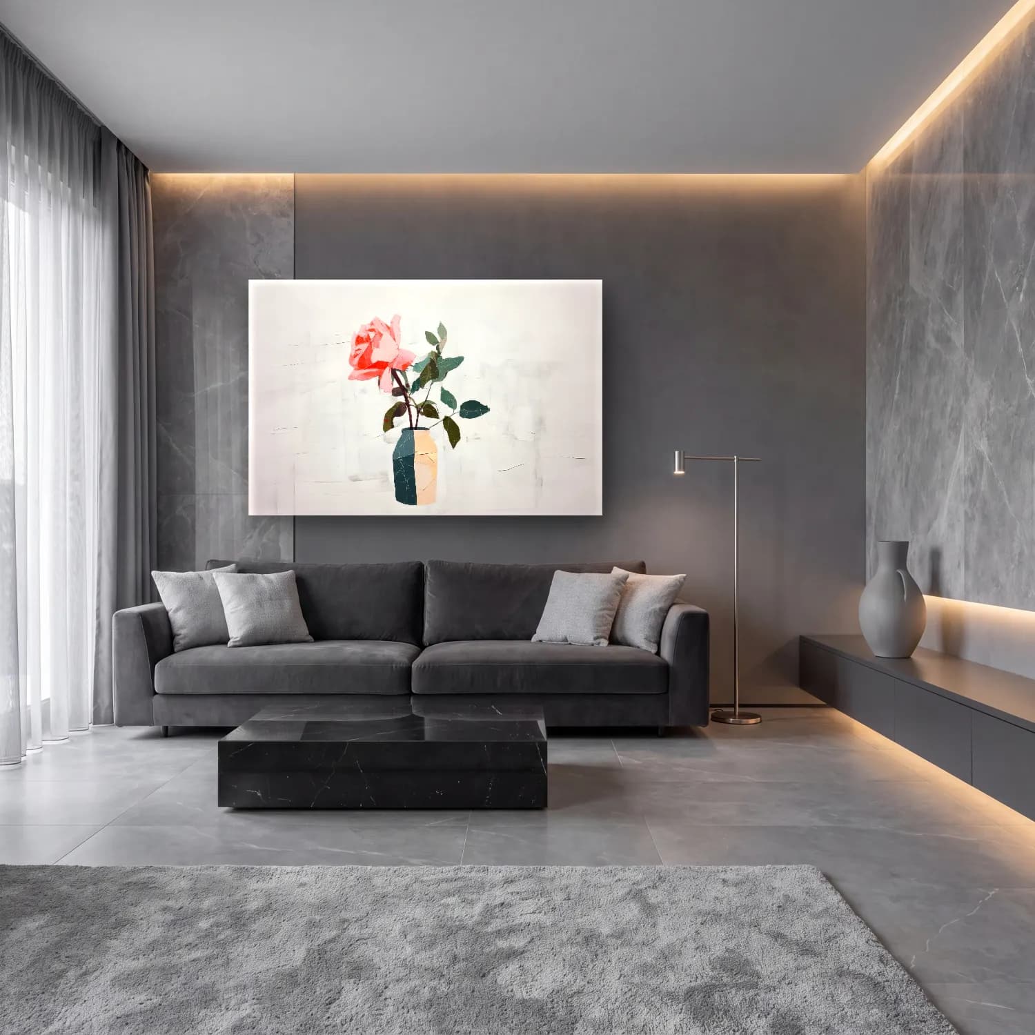 Modern Soyut Vazo cam tablo — lüks salon duvarında