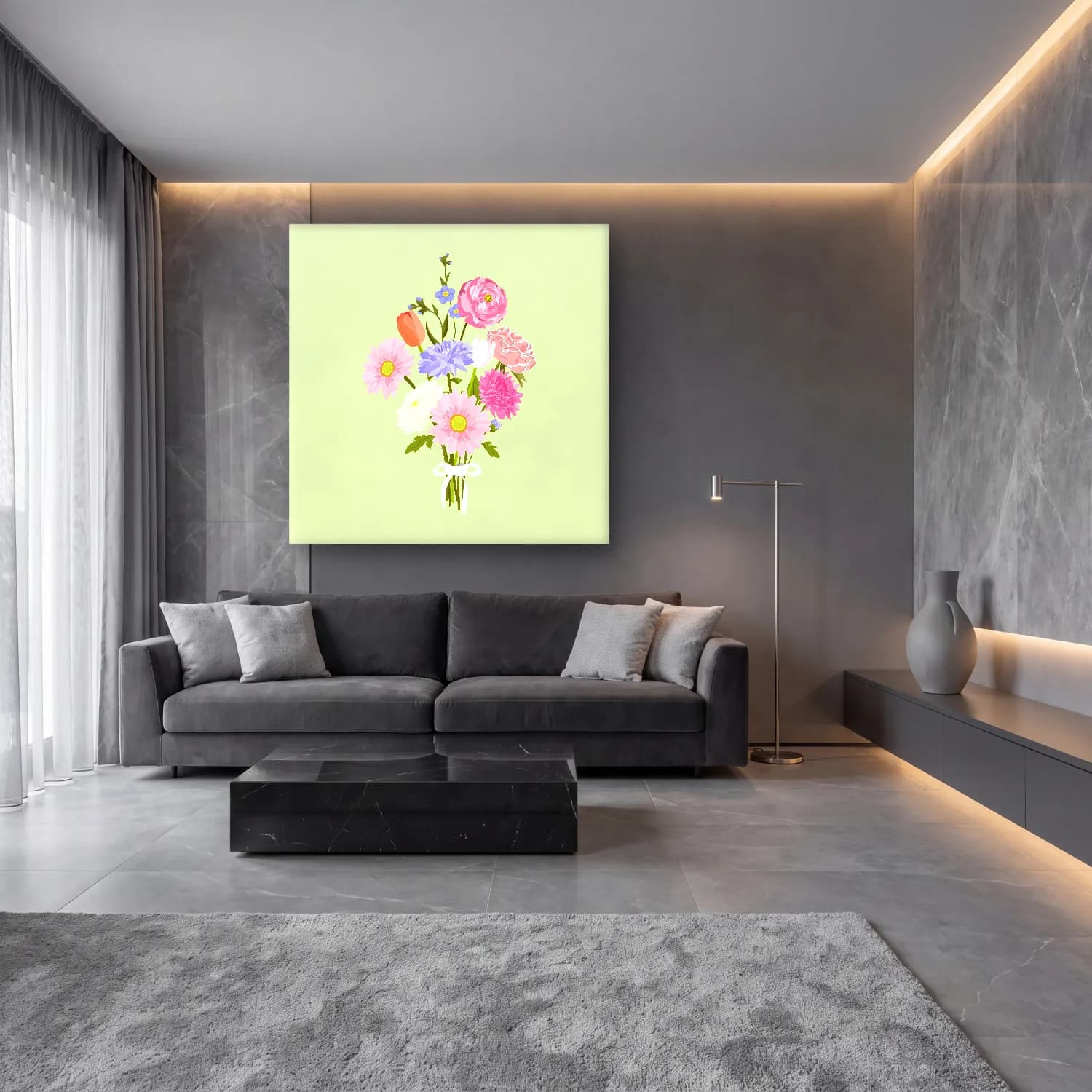 Pastel Vazoda Çiçek Buketi No. 11 cam tablo — lüks salon duvarında