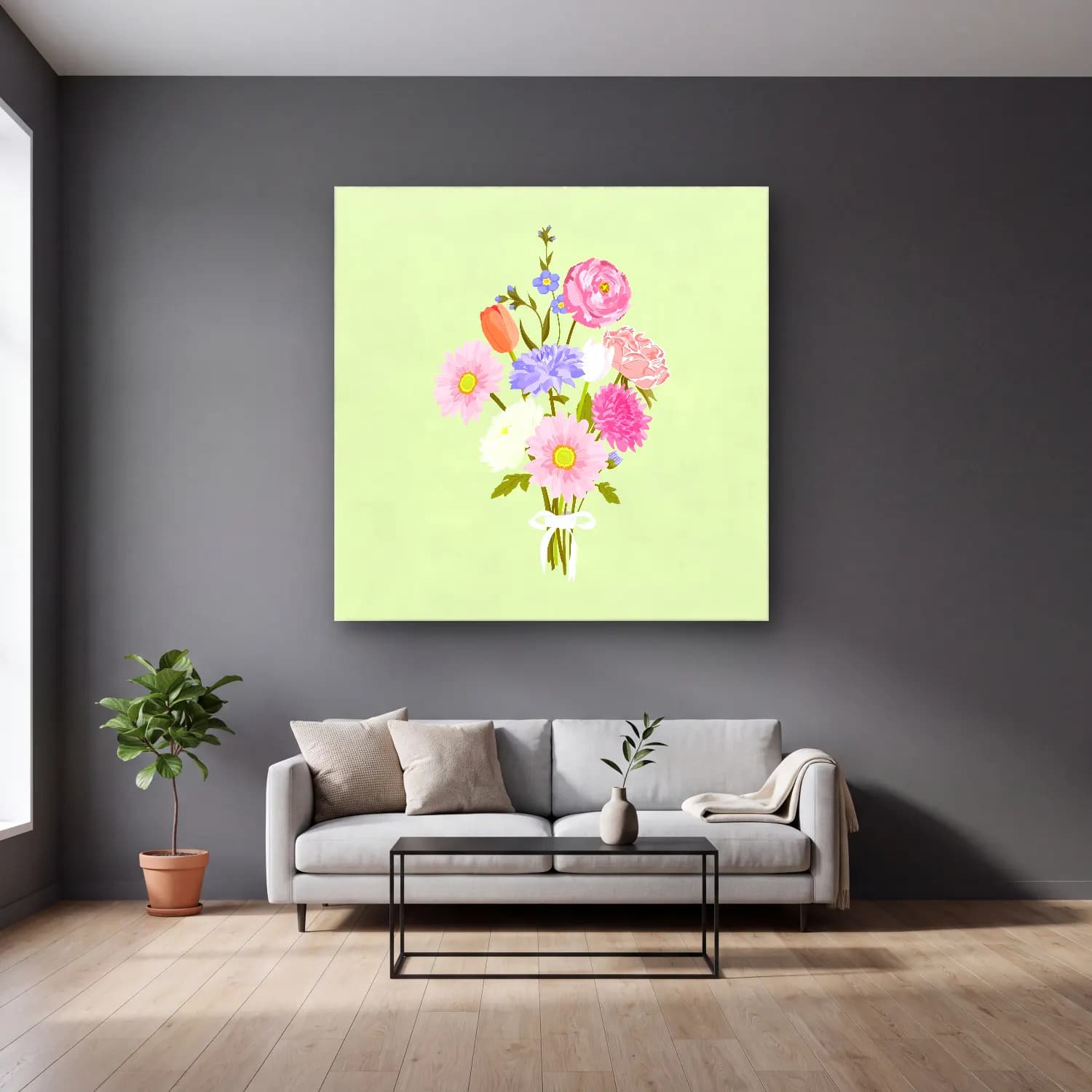 Pastel Vazoda Çiçek Buketi No. 11 cam tablo — gri duvarlı salonda
