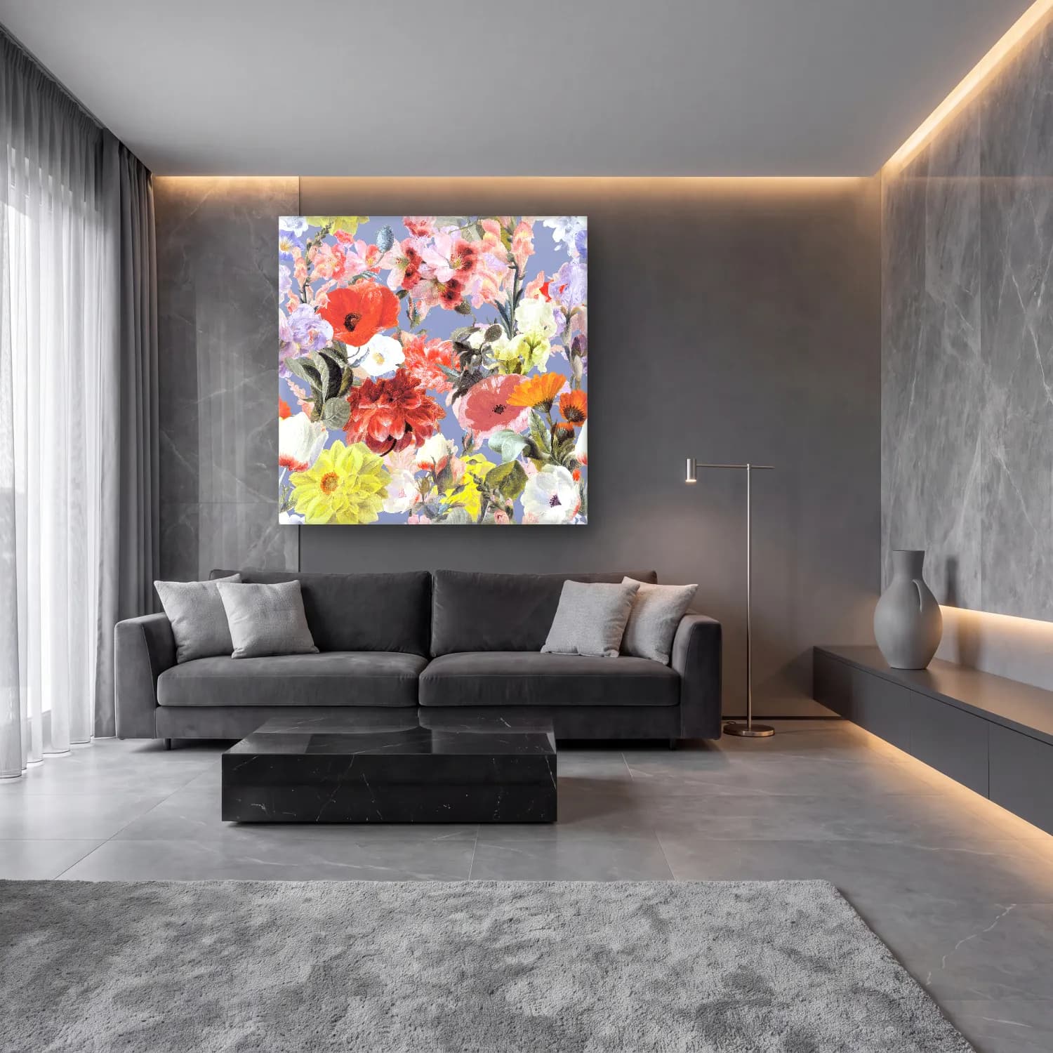 Pastel Çiçek Deseni No. 54 cam tablo — lüks salon duvarında