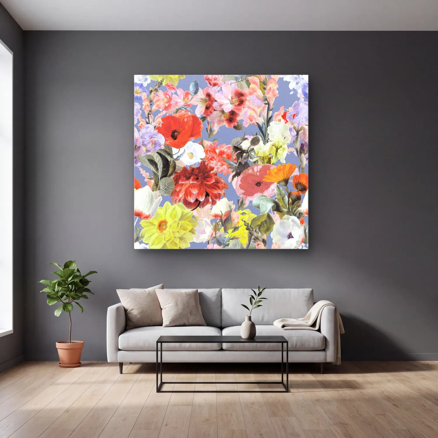 Pastel Çiçek Deseni No. 54 cam tablo — gri duvarlı salonda
