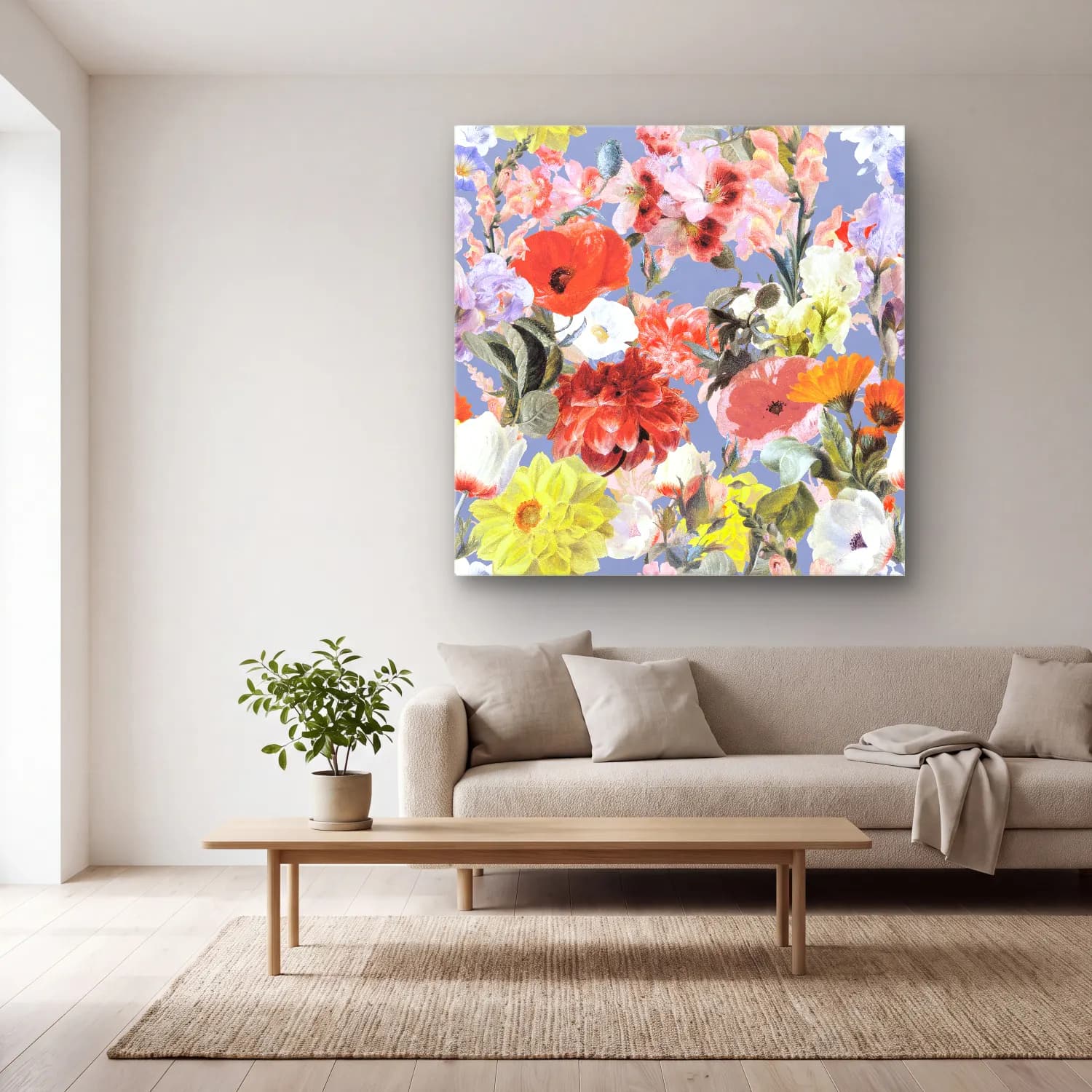 Pastel Çiçek Deseni No. 54 cam tablo — açık renk salonda