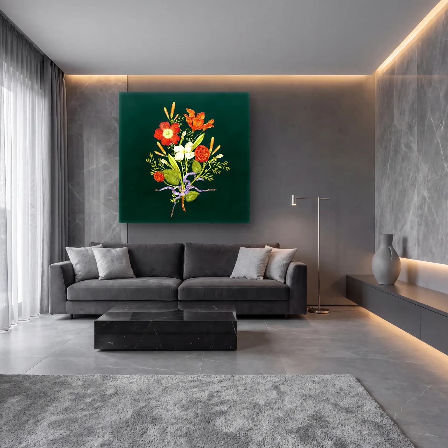 Botanik İllüstrasyon Çiçek Deseni No. 58 cam tablo — lüks salon duvarında