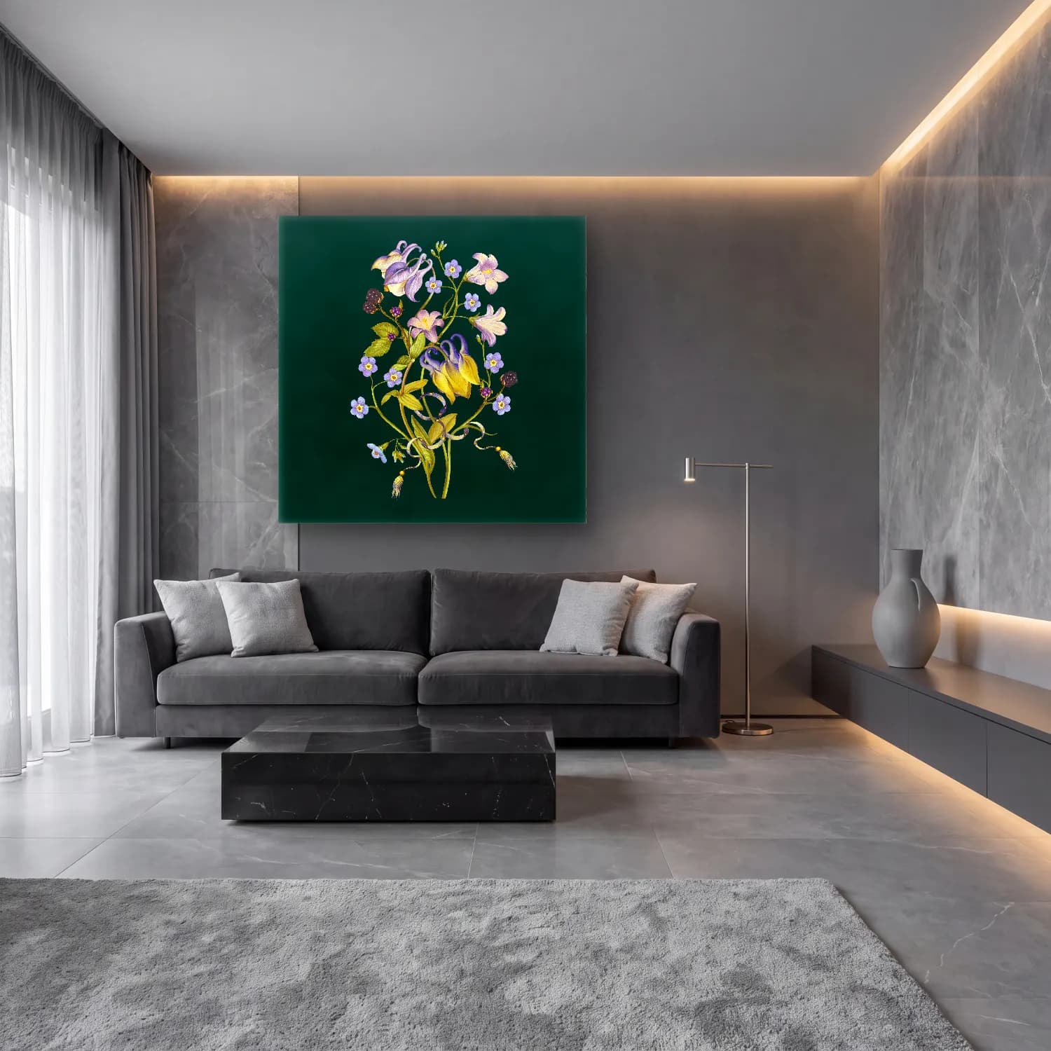 Botanik İllüstrasyon Çiçek Deseni No. 59 cam tablo — lüks salon duvarında