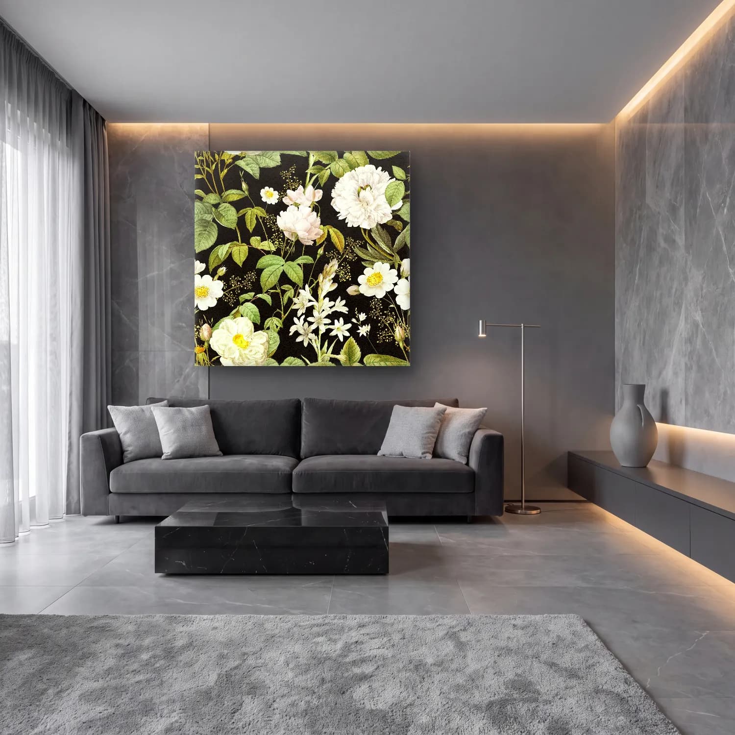Botanik İllüstrasyon Çiçek Deseni No. 60 cam tablo — lüks salon duvarında